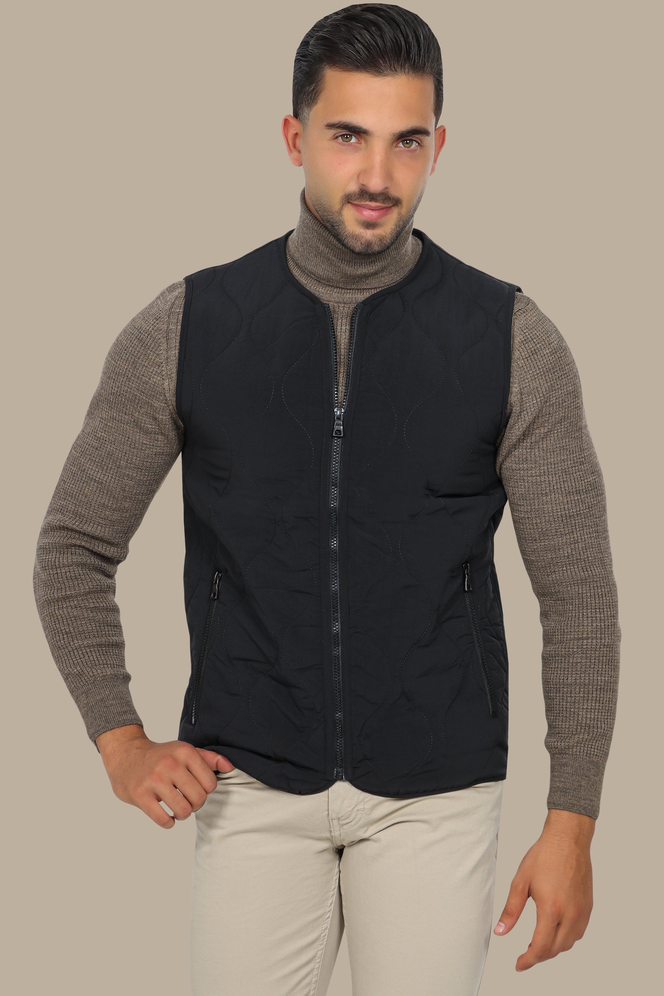 Black Puffer Vest with Wavy Stitch