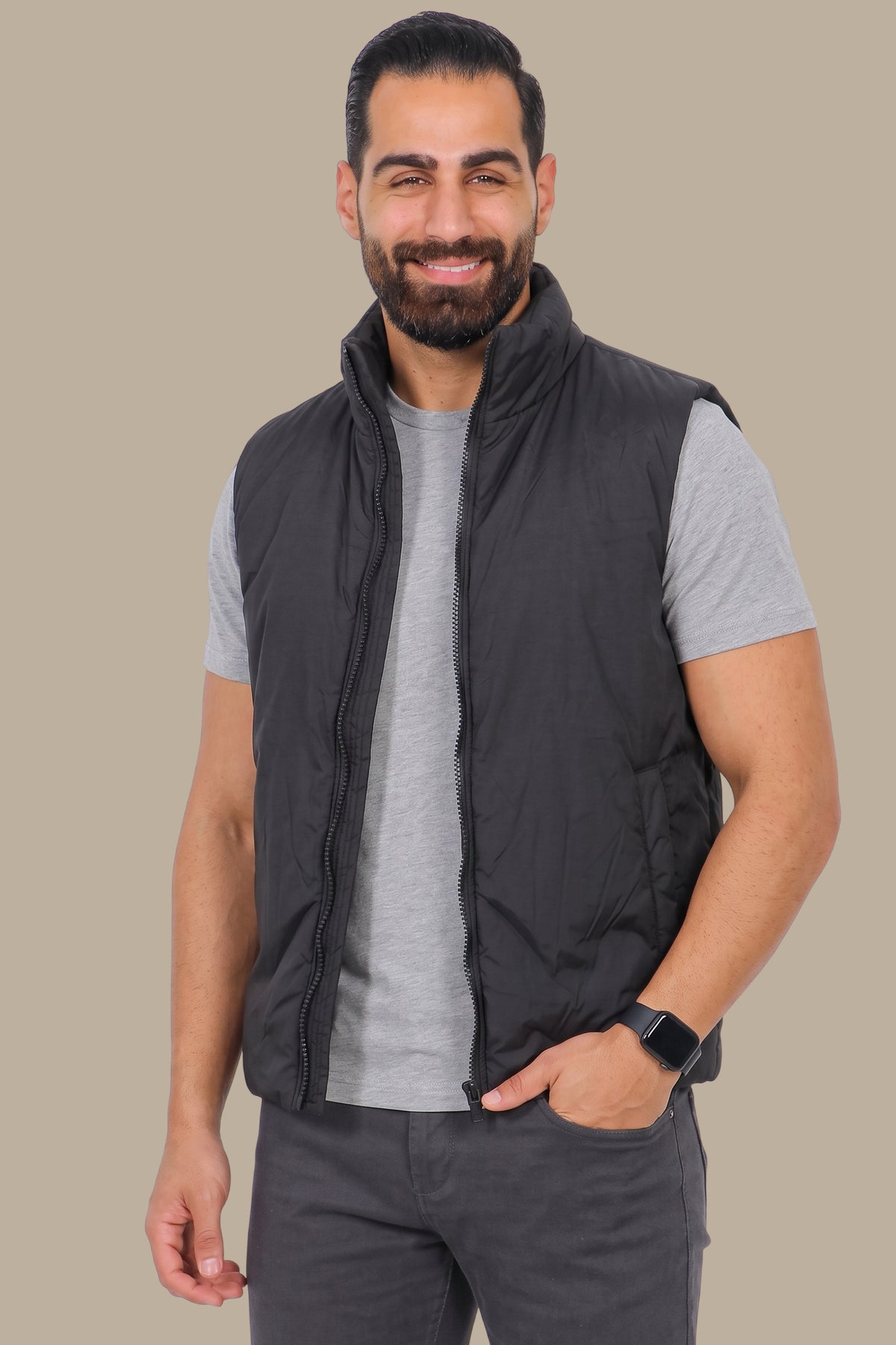 Black Puffer Vest with Wavy Stitch