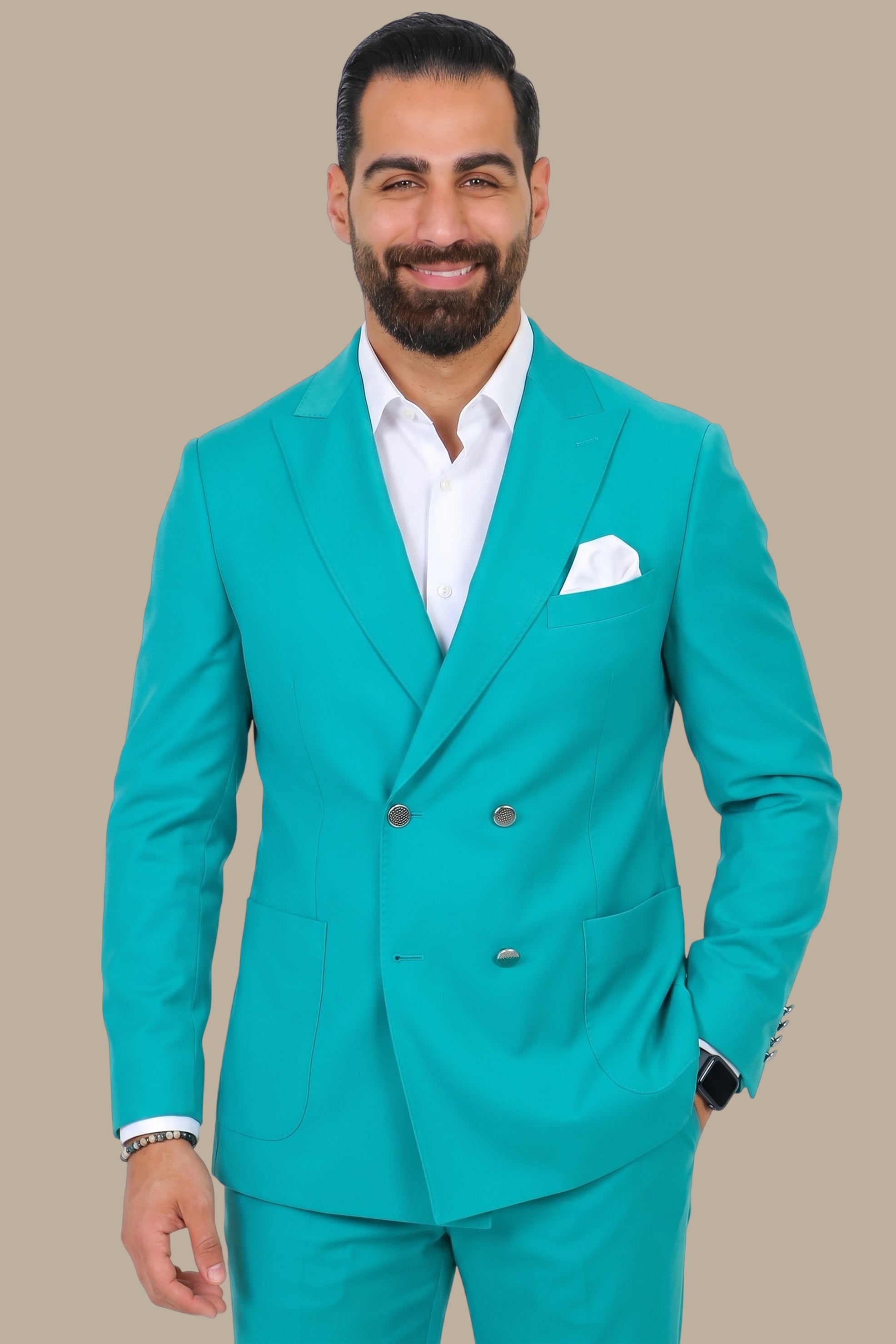 Turquoise Double-Breasted 4-Button Suit