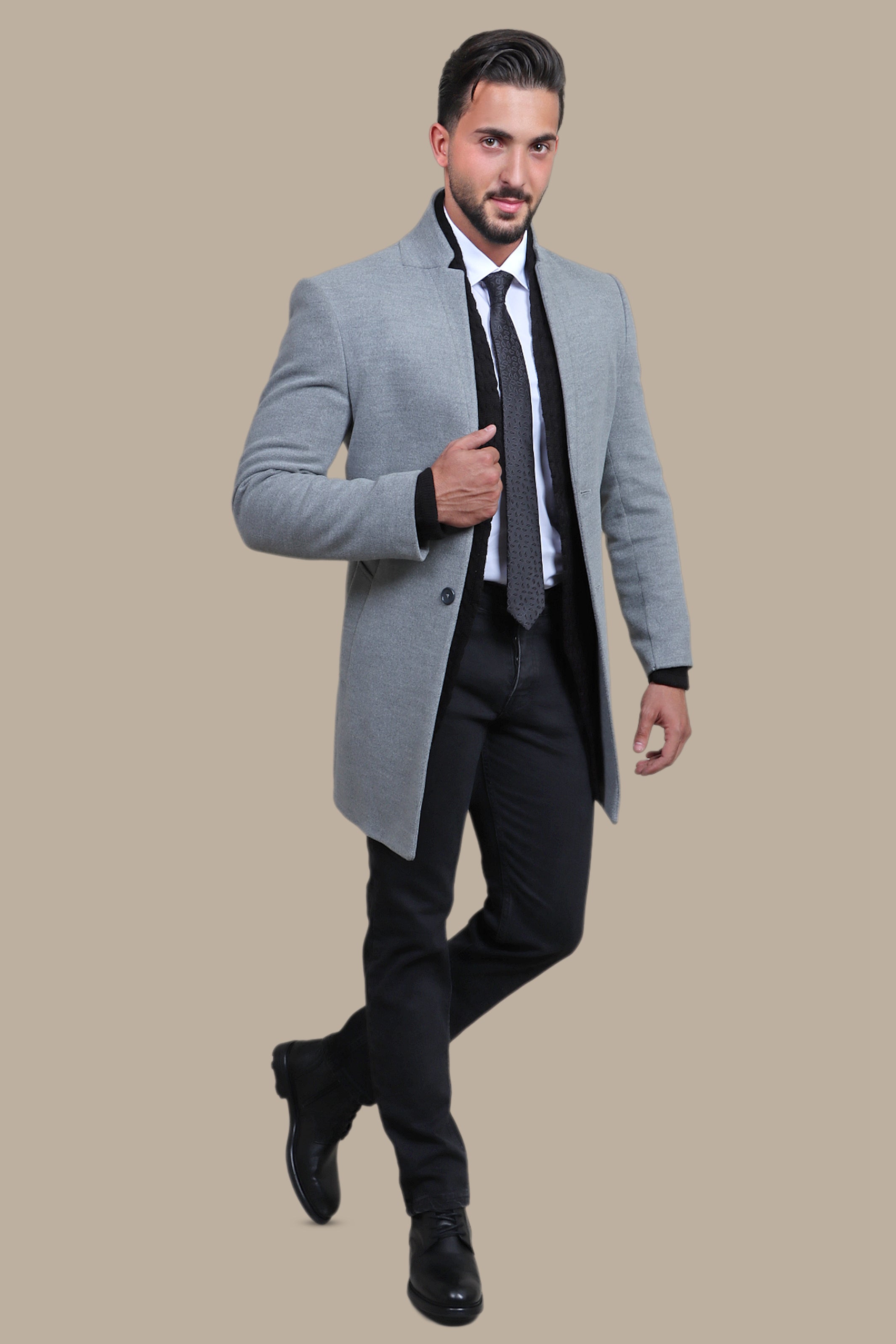 Light Grey Basic Mao Collar Coat