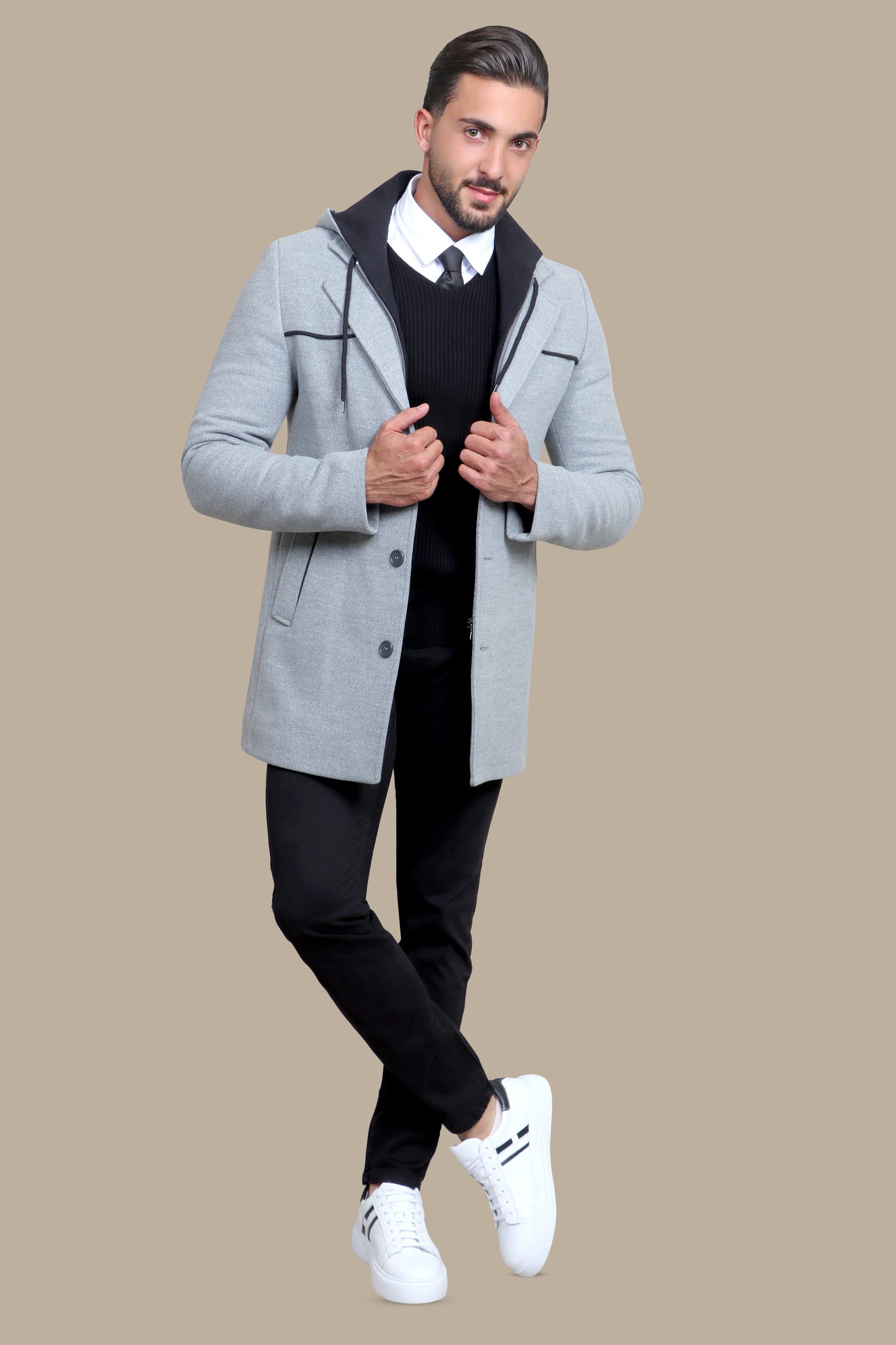 Light Grey Coat with Detachable Hoodie