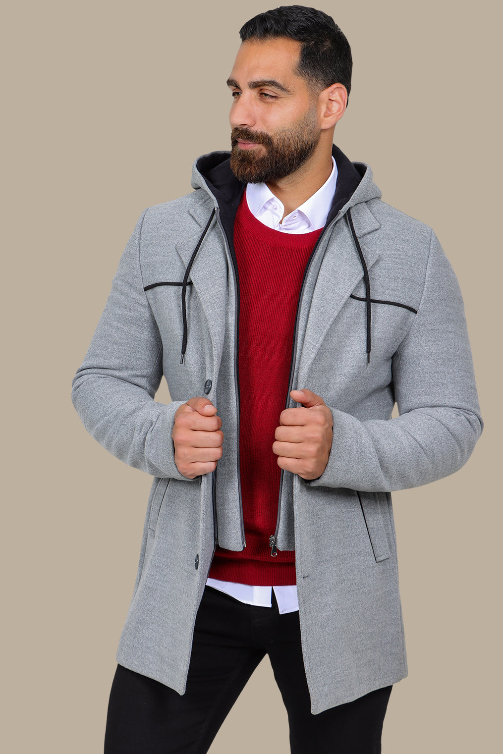 Light Grey Coat with Detachable Hoodie