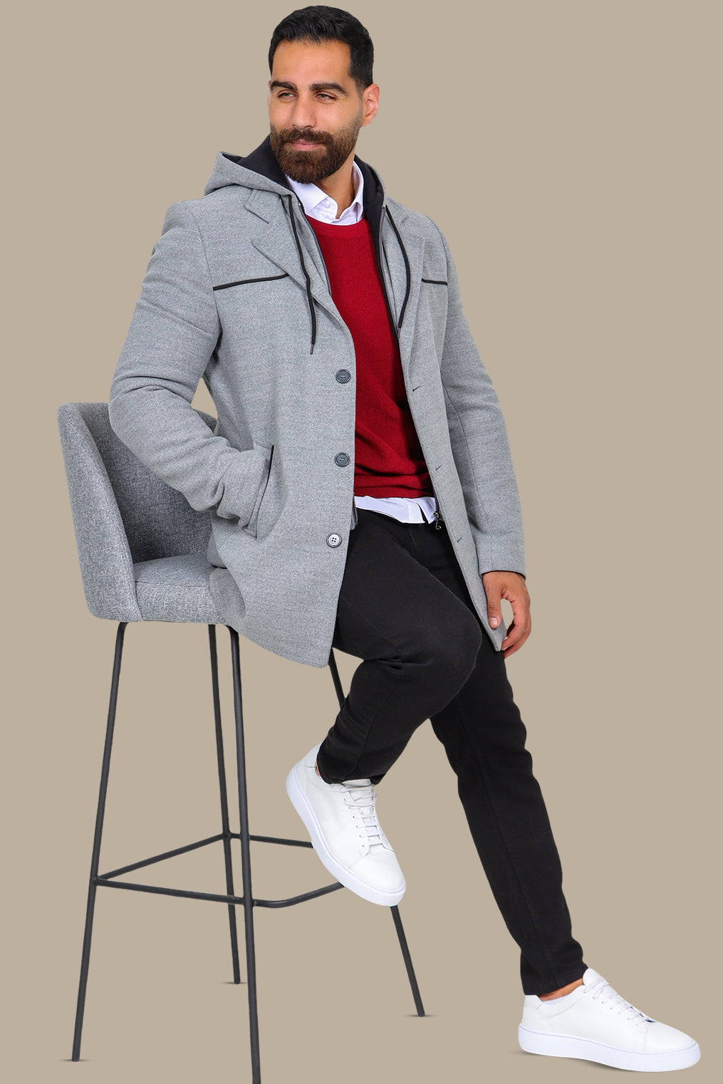 Light Grey Coat with Detachable Hoodie