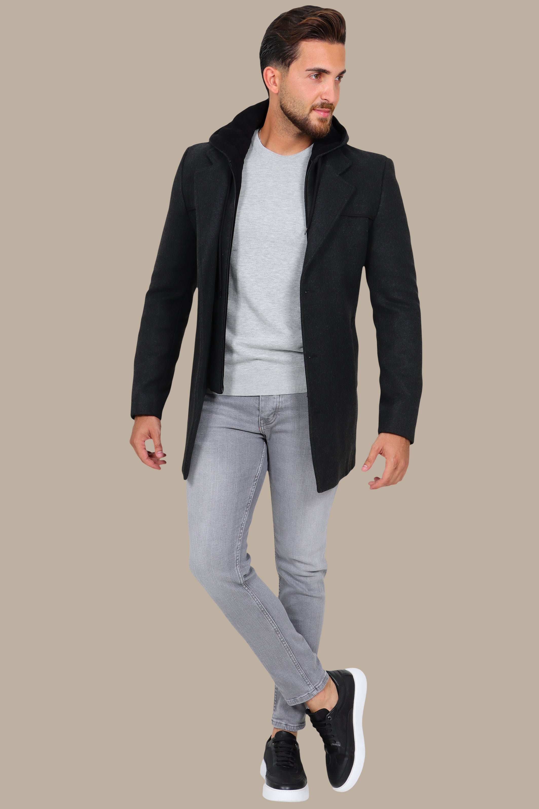 Dark Grey Coat with Detachable Hoodie