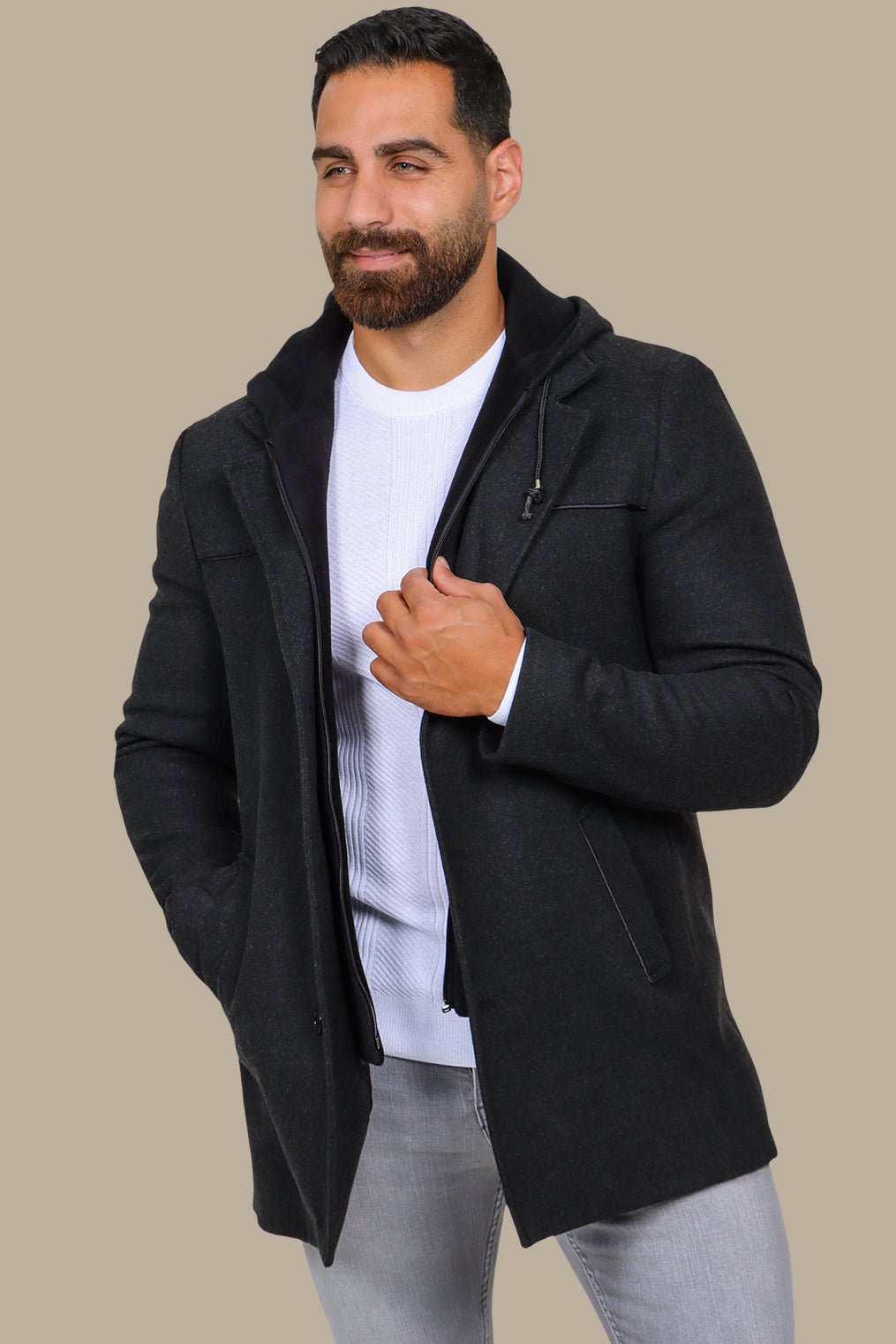Dark Grey Coat with Detachable Hoodie