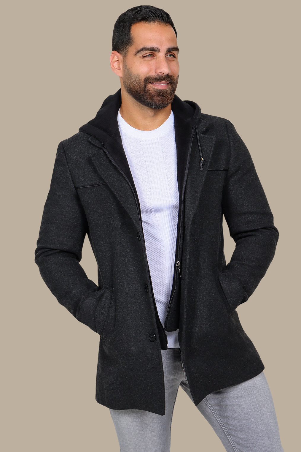 Dark Grey Coat with Detachable Hoodie