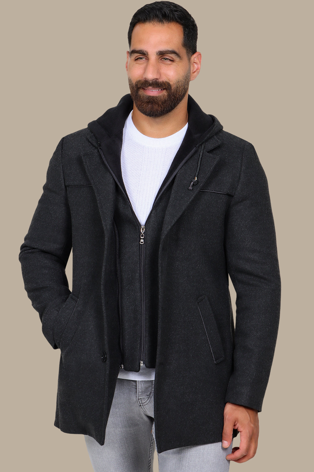 Dark Grey Coat with Detachable Hoodie
