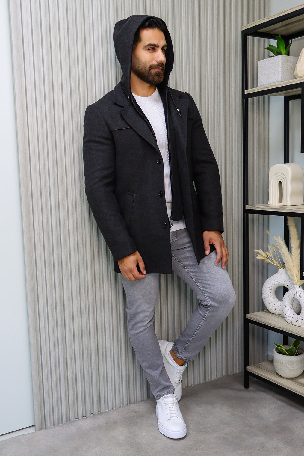 Dark Grey Coat with Detachable Hoodie