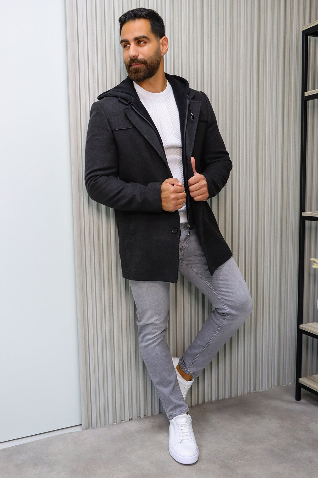Dark Grey Coat with Detachable Hoodie