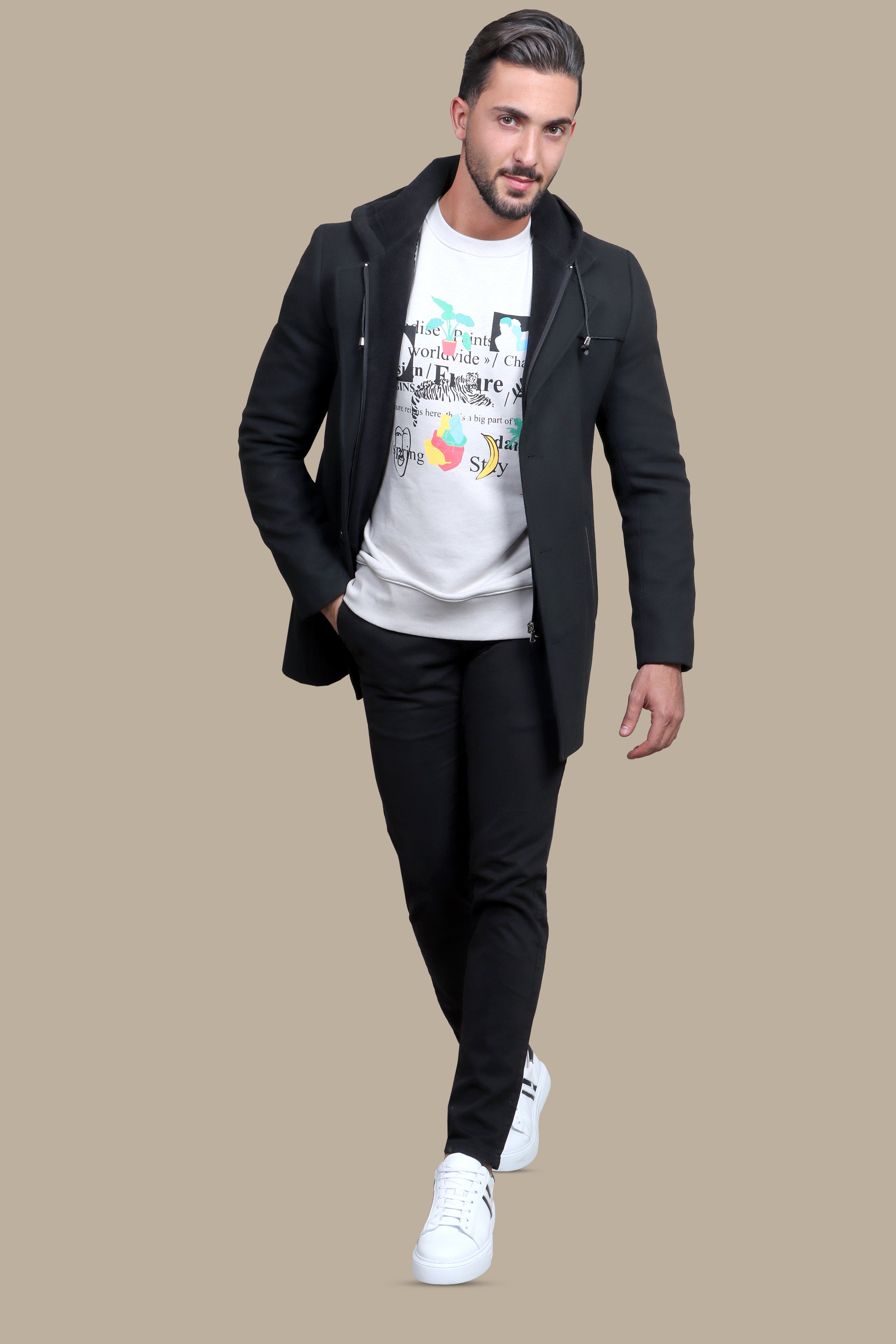 Black Coat Hoodie with Detachable Design
