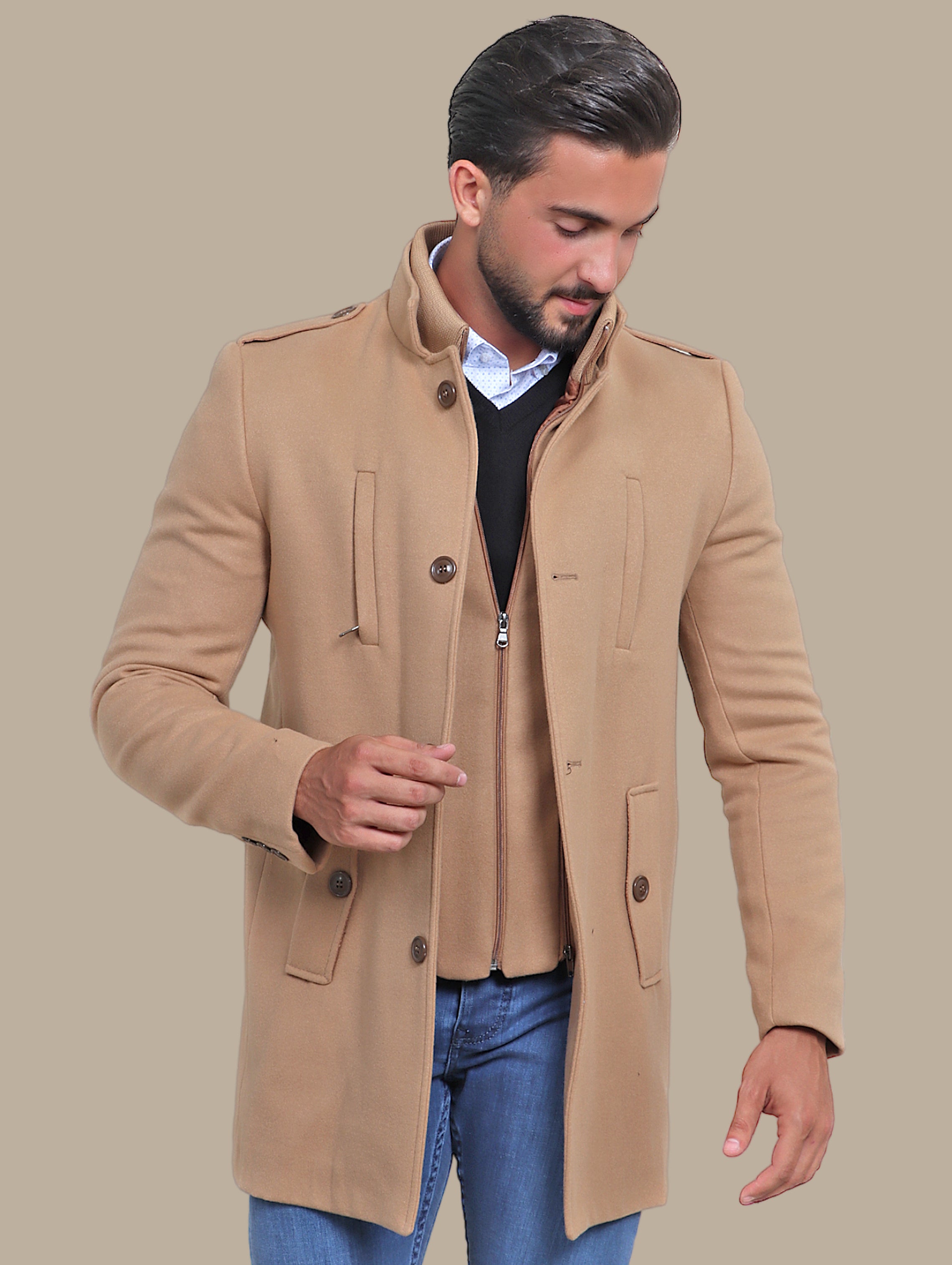 Beige Coat with Detachable Mao Collar