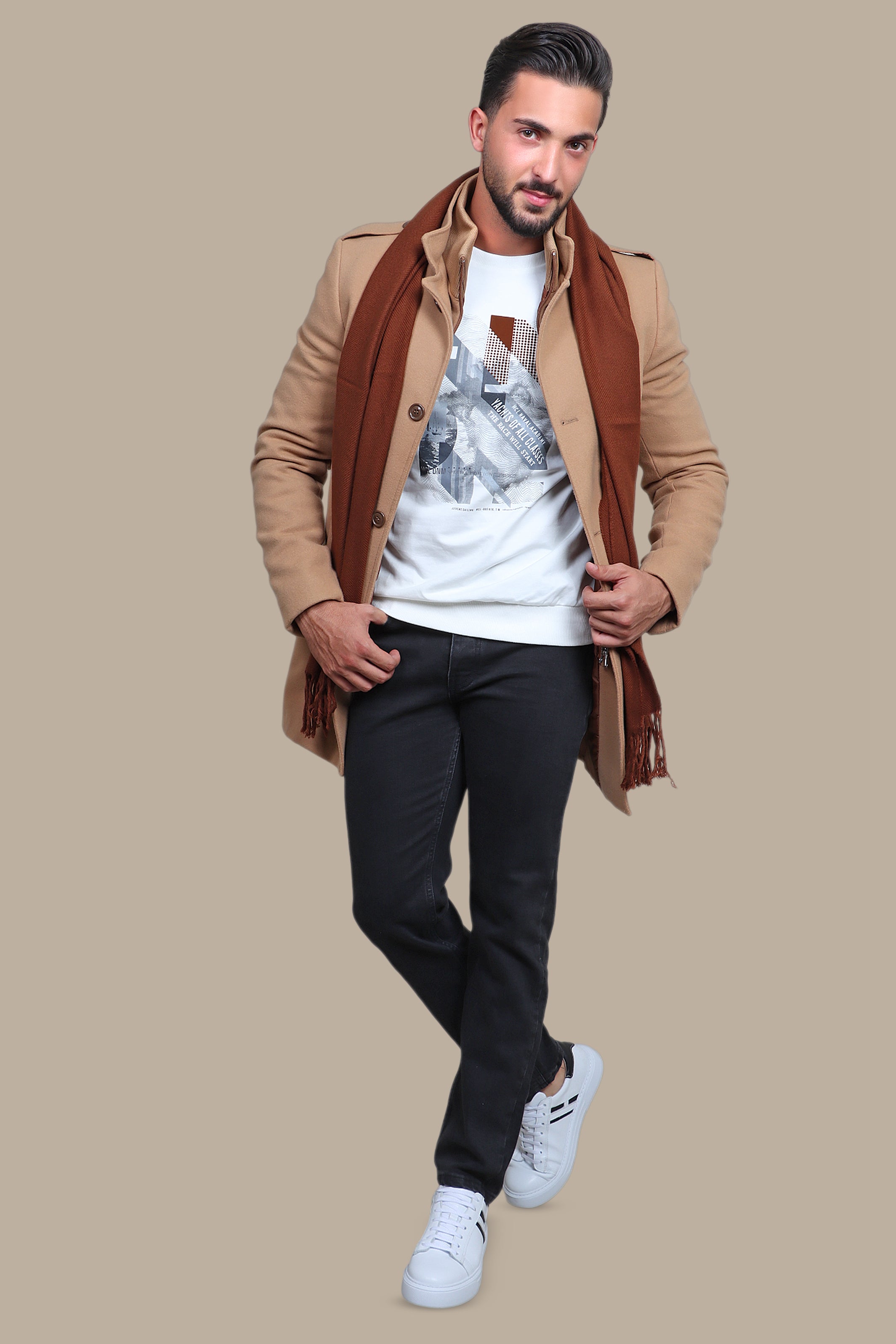 Beige Coat with Detachable Mao Collar