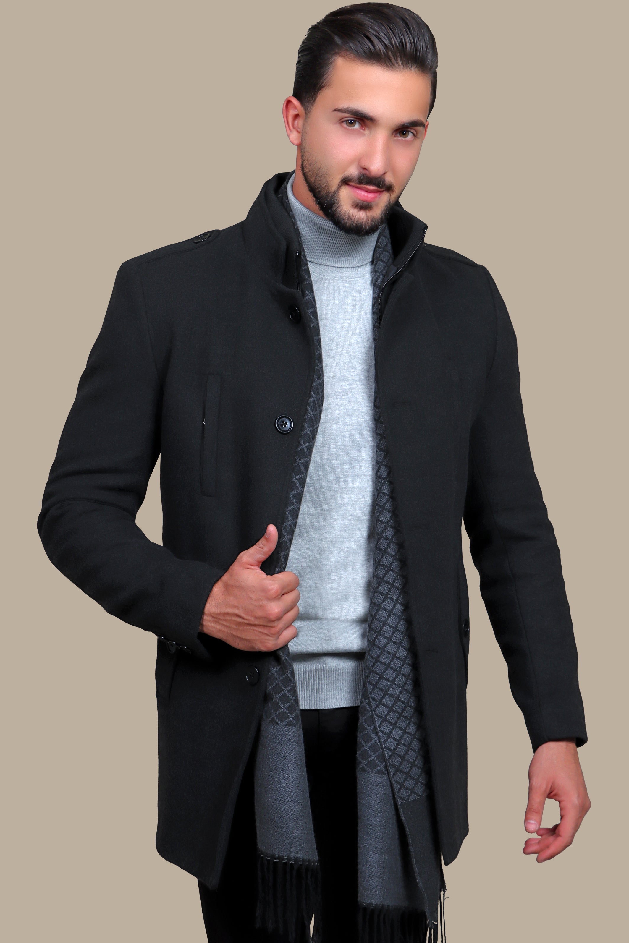 Dark Grey Mao-Collar Coat with Detachable Design