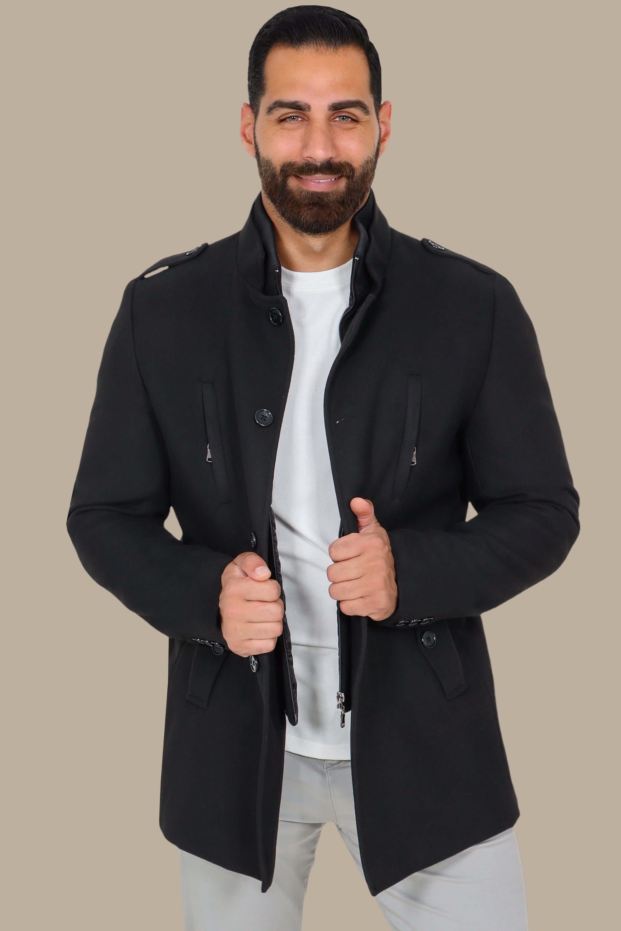 Black Coat with Detachable Mao Collar
