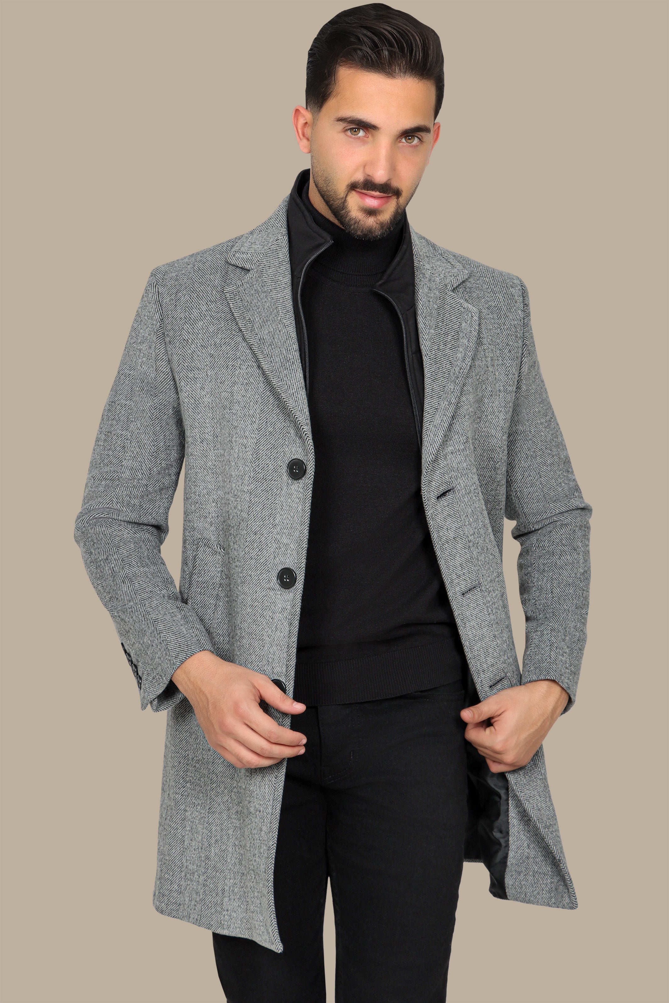 Grey Herringbone Coat with Detachable Collar