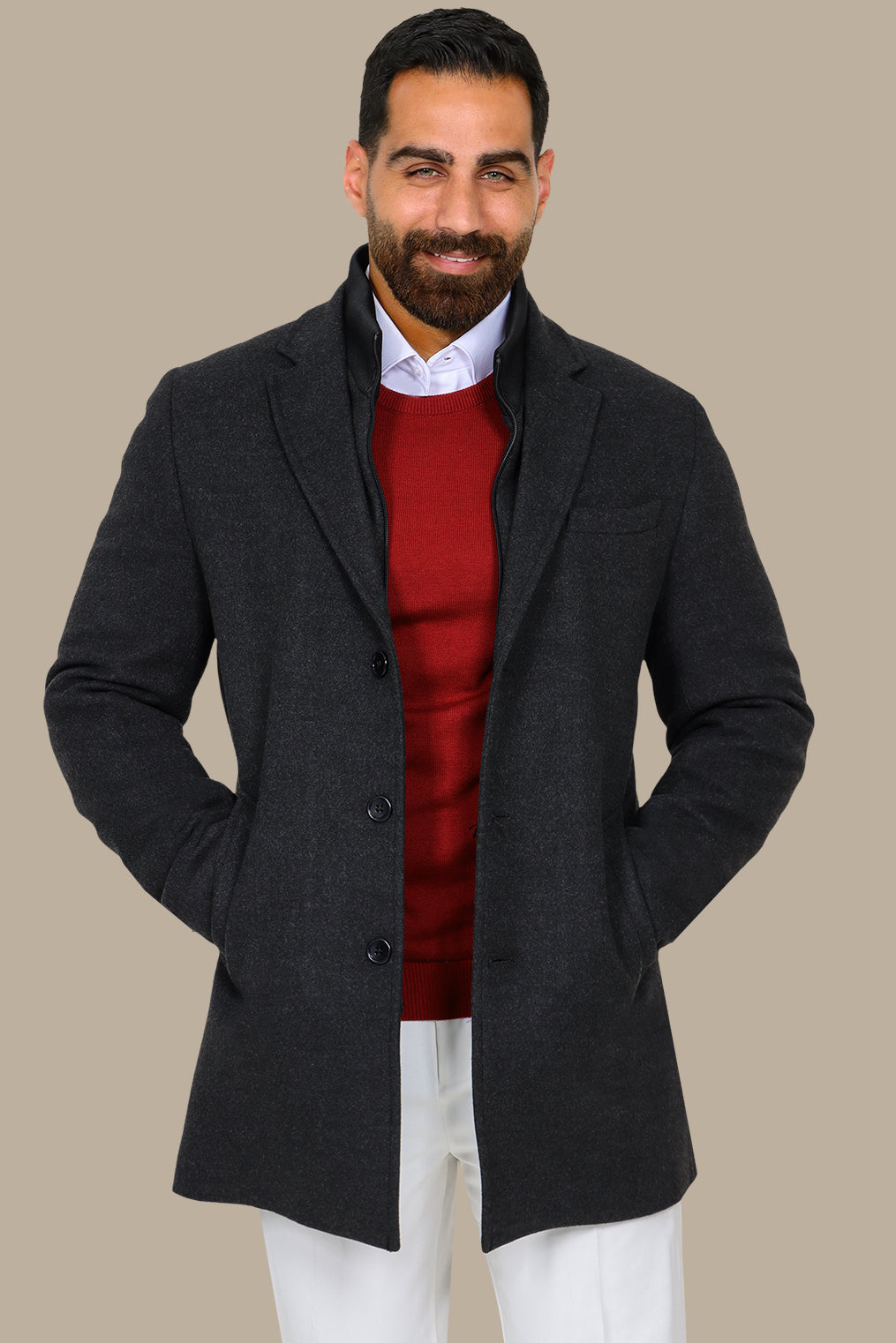 Versatile Chic: Dark Grey Notch Coat with Detachable Element