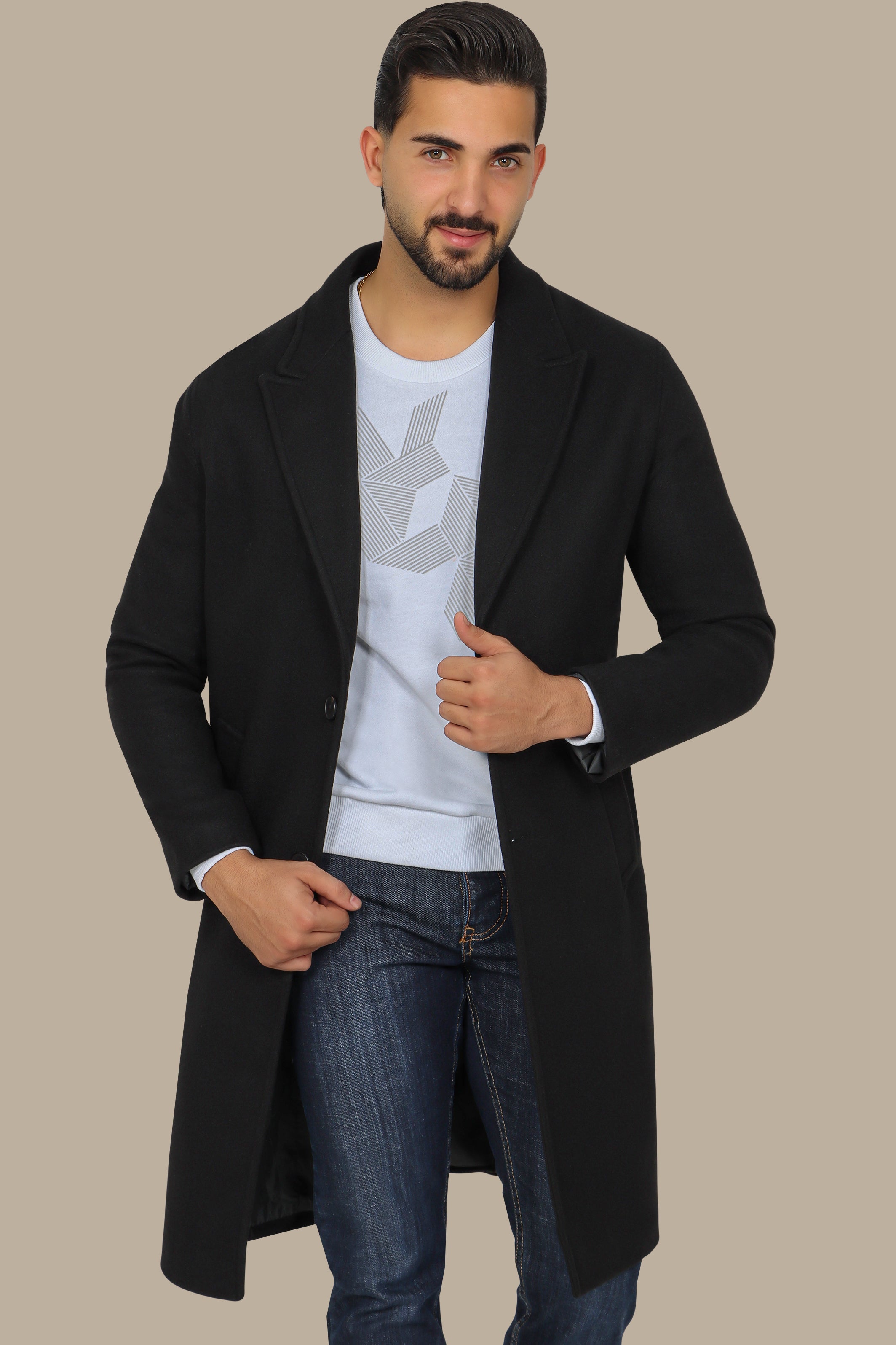 Oversized Black Coat with Peak Lapels