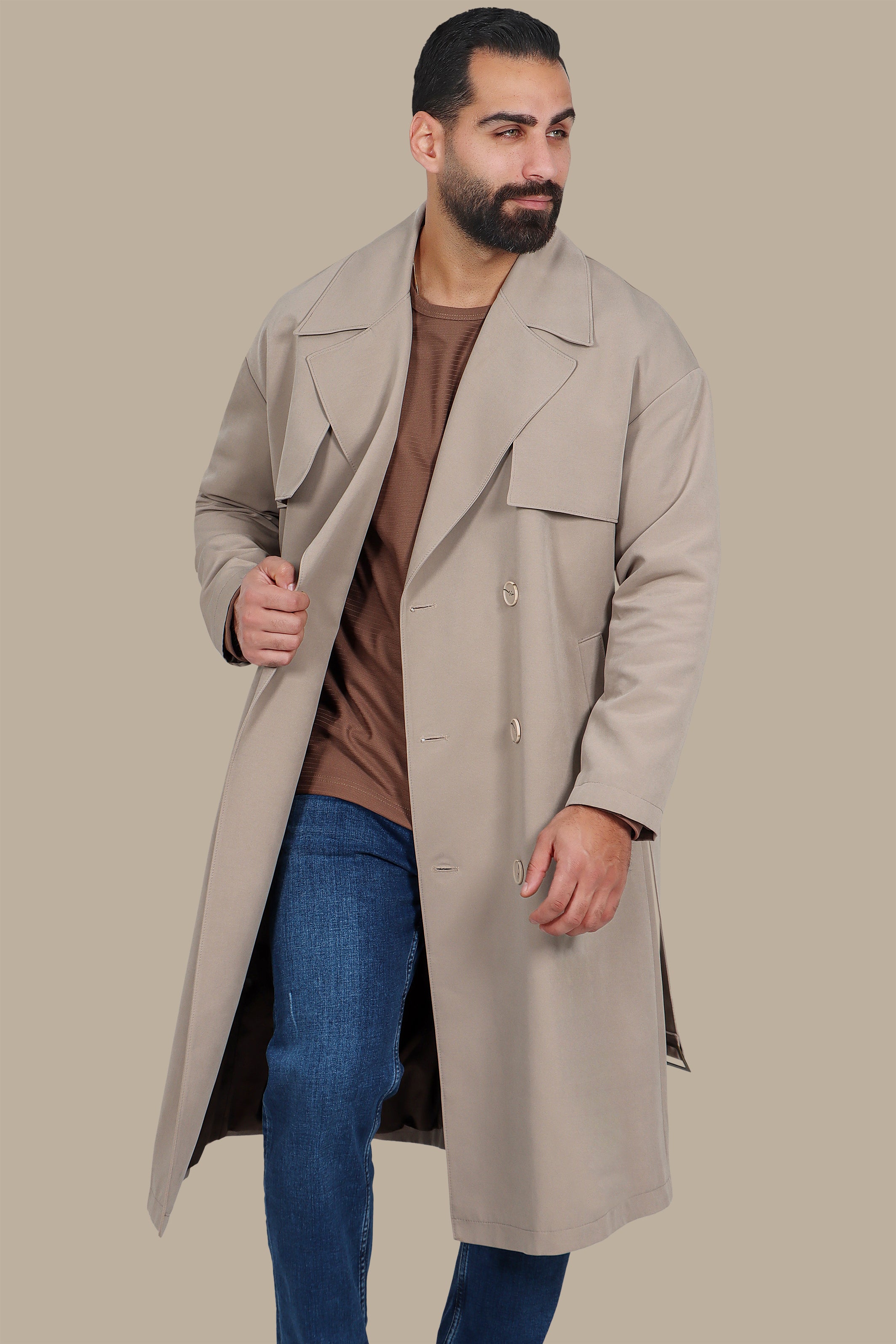 Oversized Double-Breasted Beige Long Trench Coat