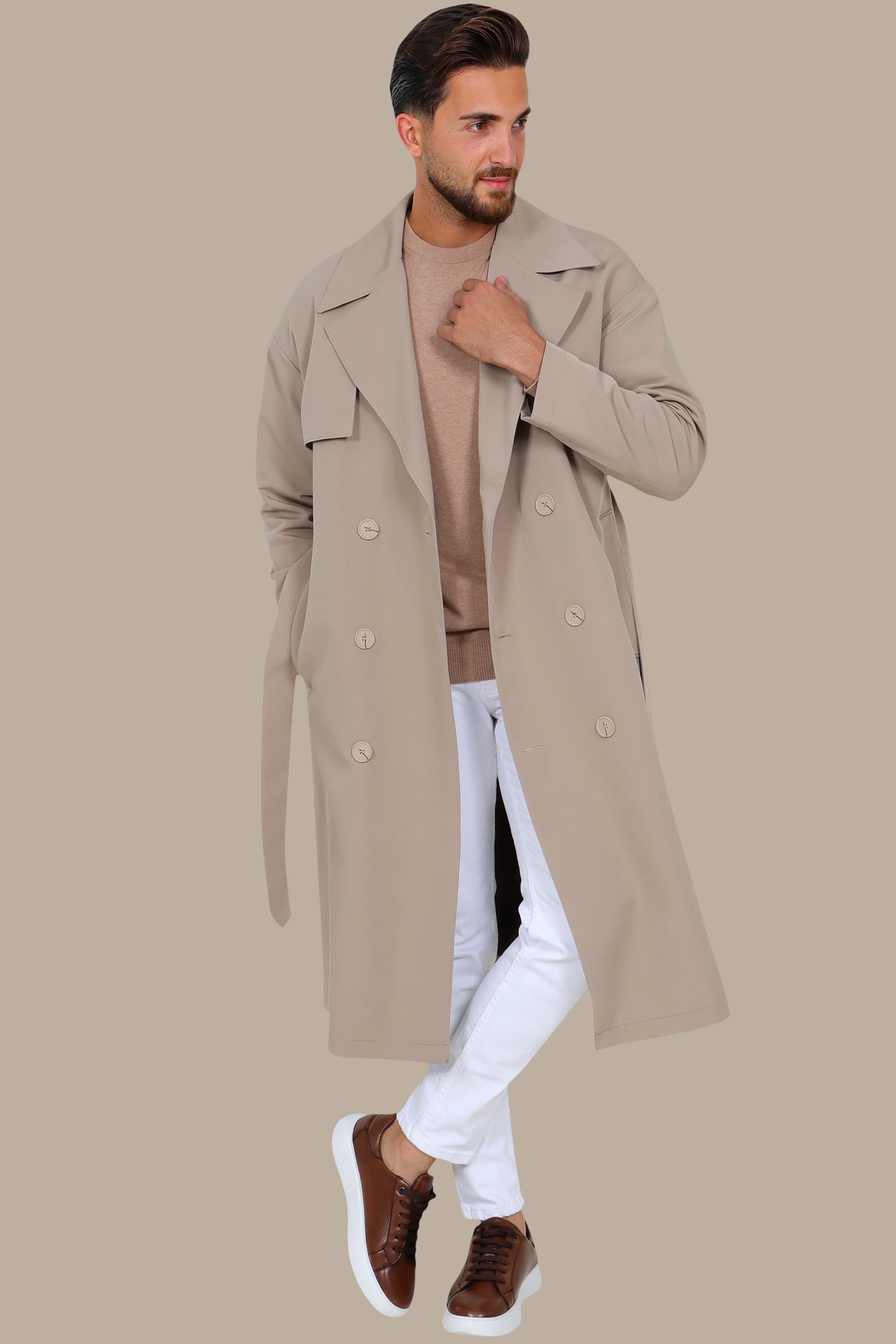 Oversized Double-Breasted Beige Long Trench Coat