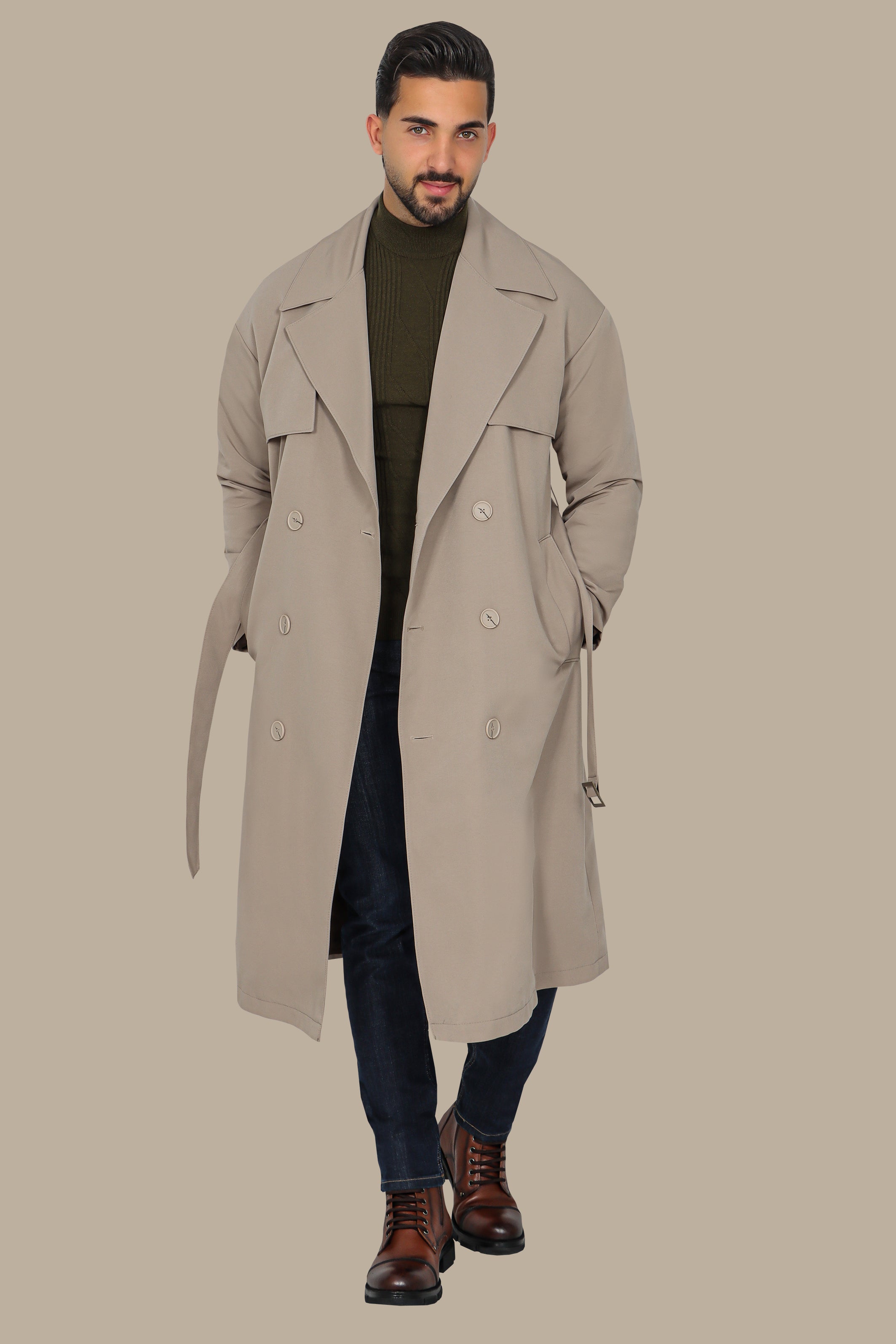 Oversized Double-Breasted Beige Long Trench Coat