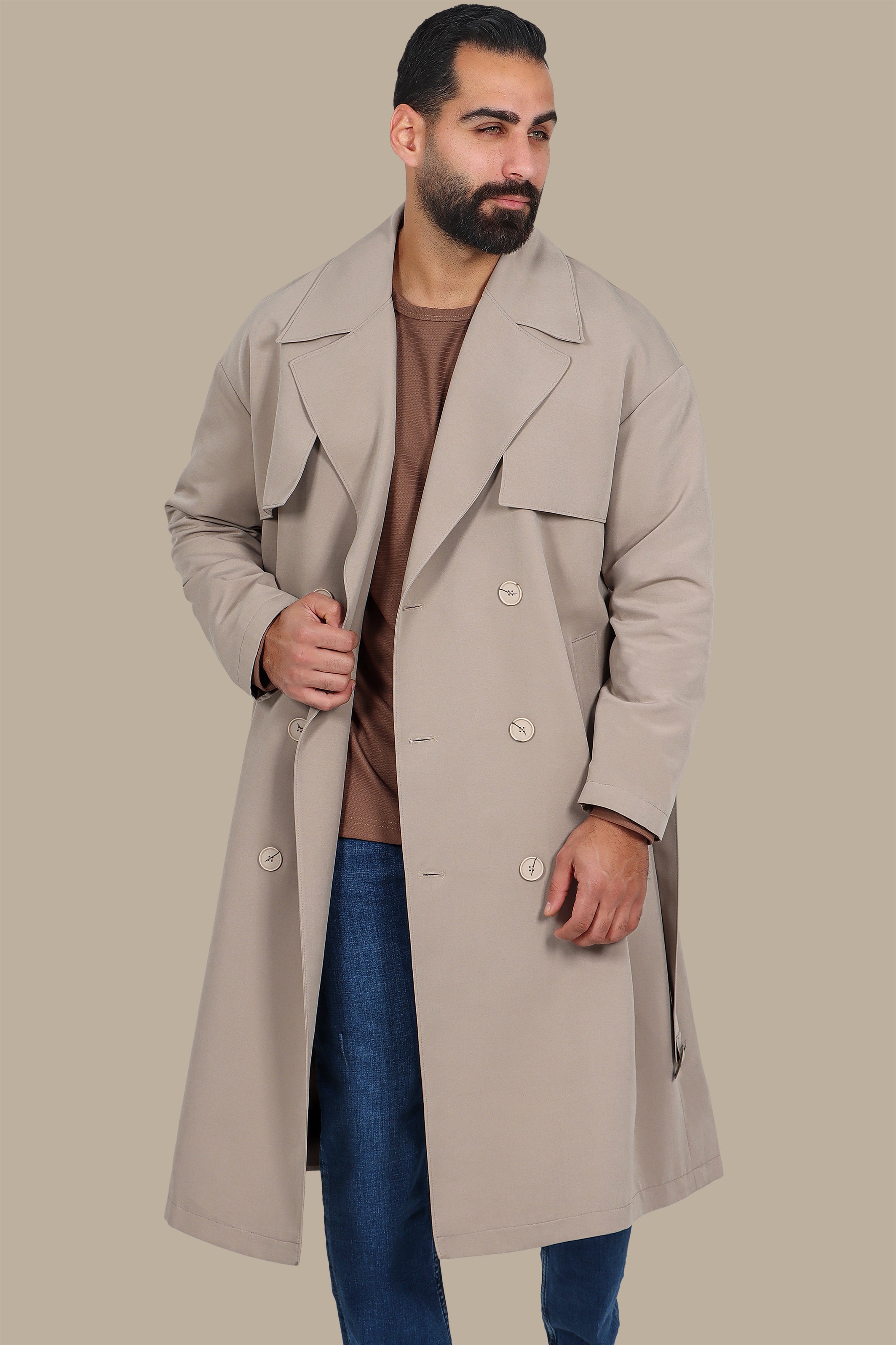 Oversized Double-Breasted Beige Long Trench Coat