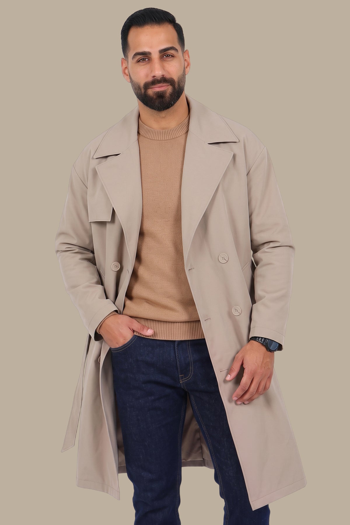 Oversized Double-Breasted Beige Long Trench Coat