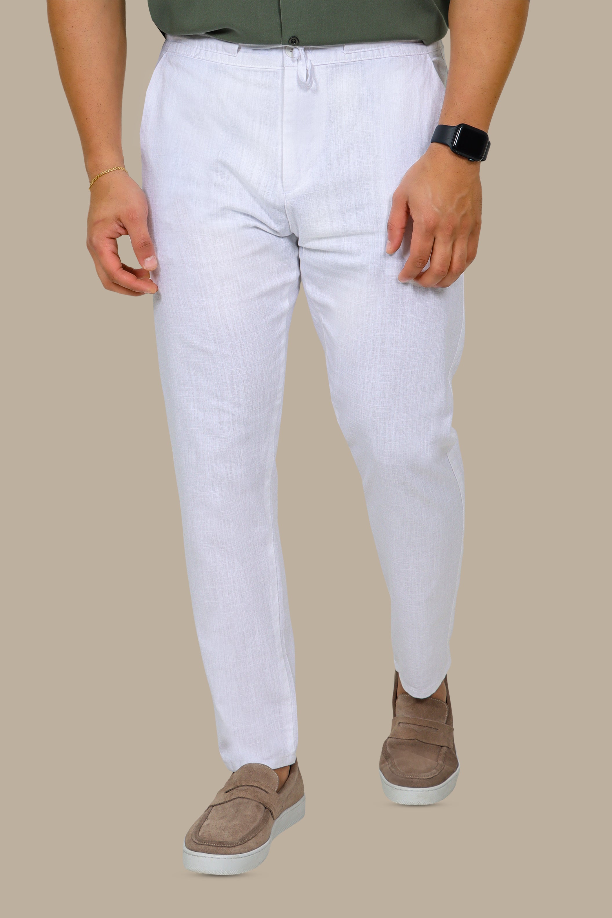 Ivory Breeze: White Linen Fil a Fil Pants