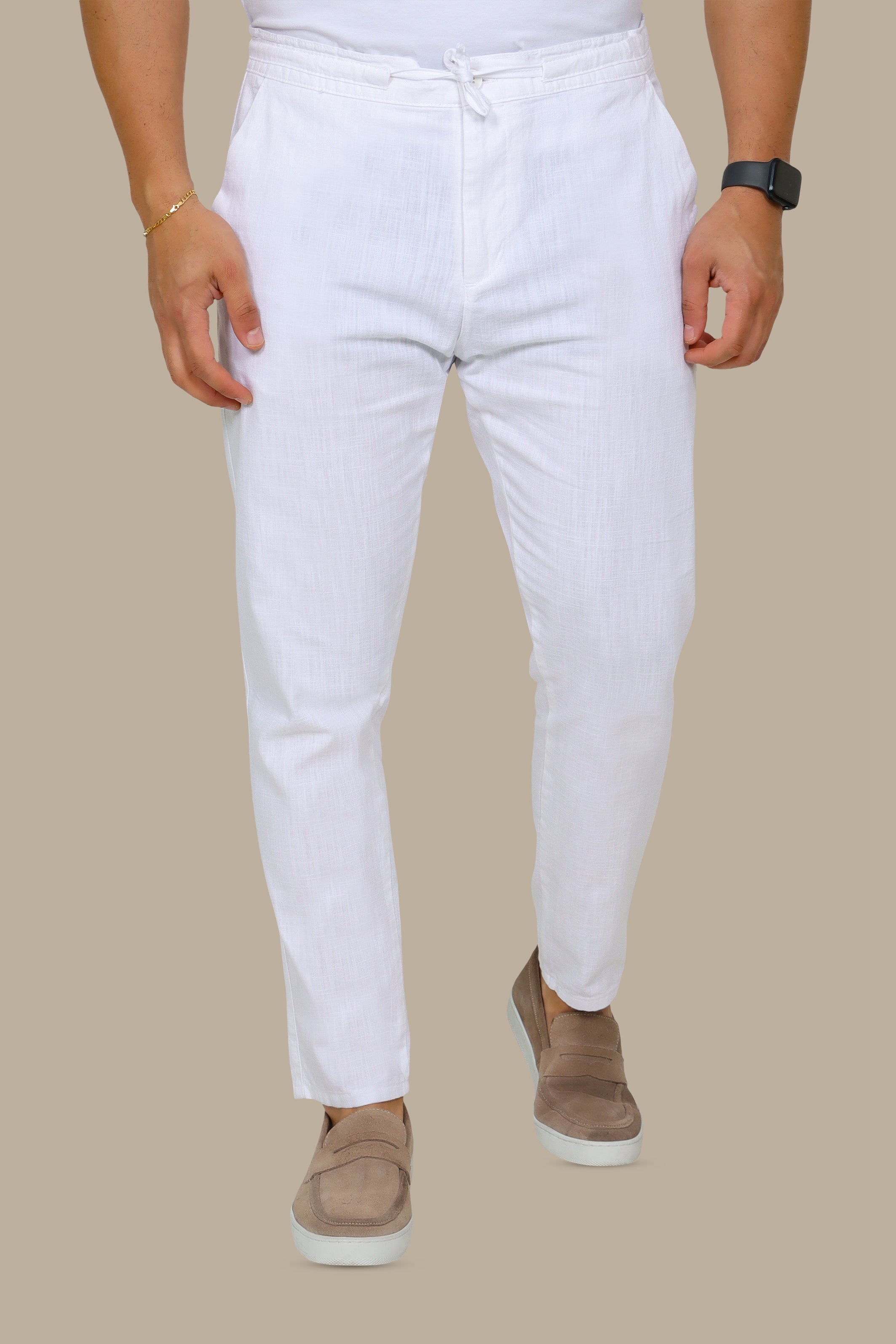 Ivory Breeze: White Linen Fil a Fil Pants