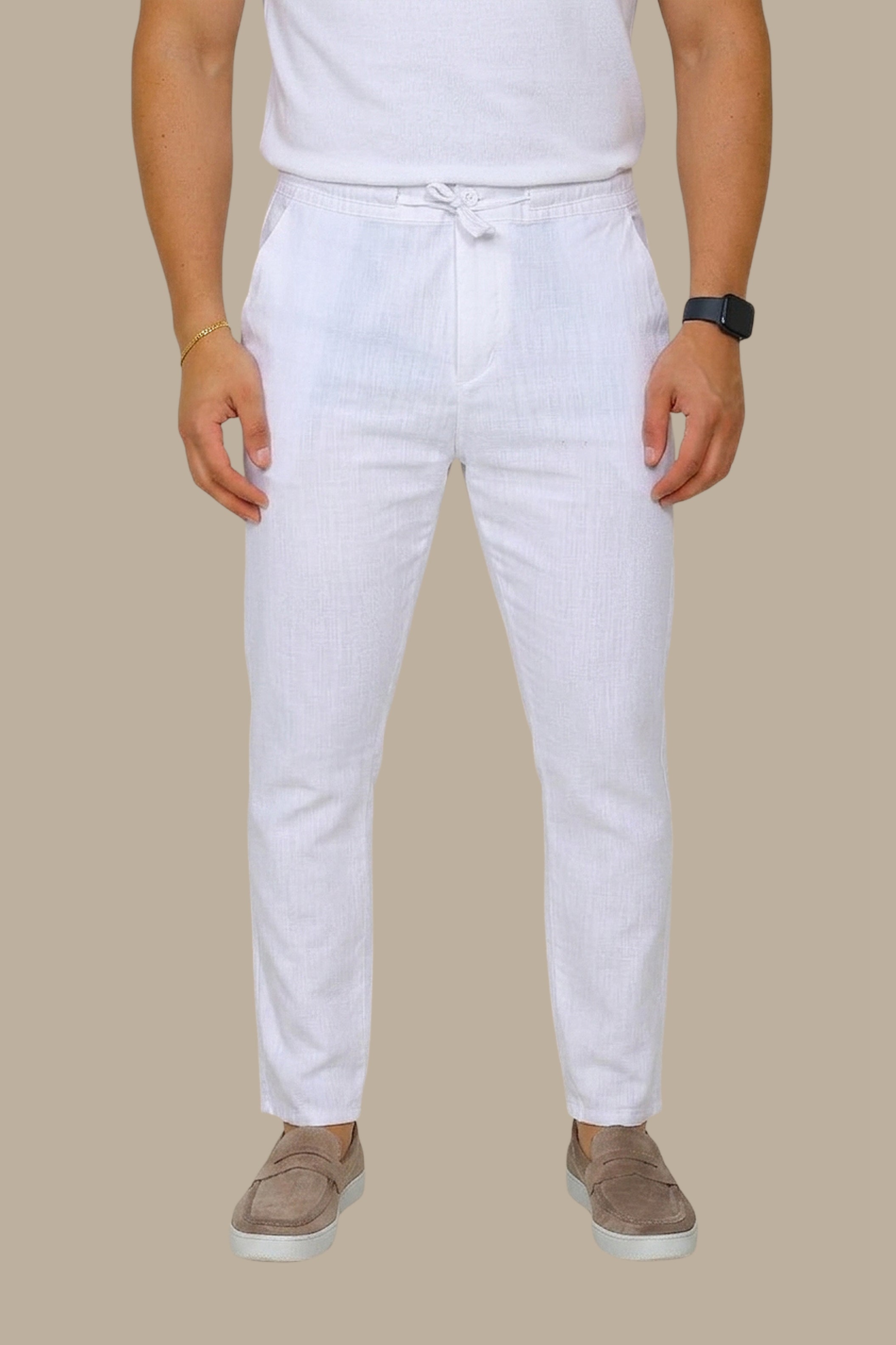 Ivory Breeze: White Linen Fil a Fil Pants