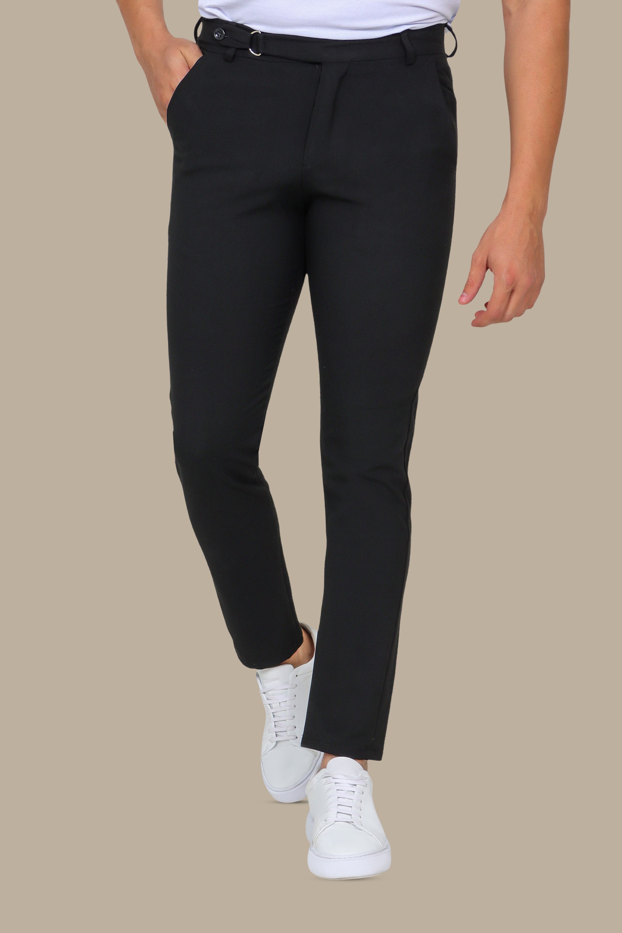 Slim Fit Black Pants with Side Buttons