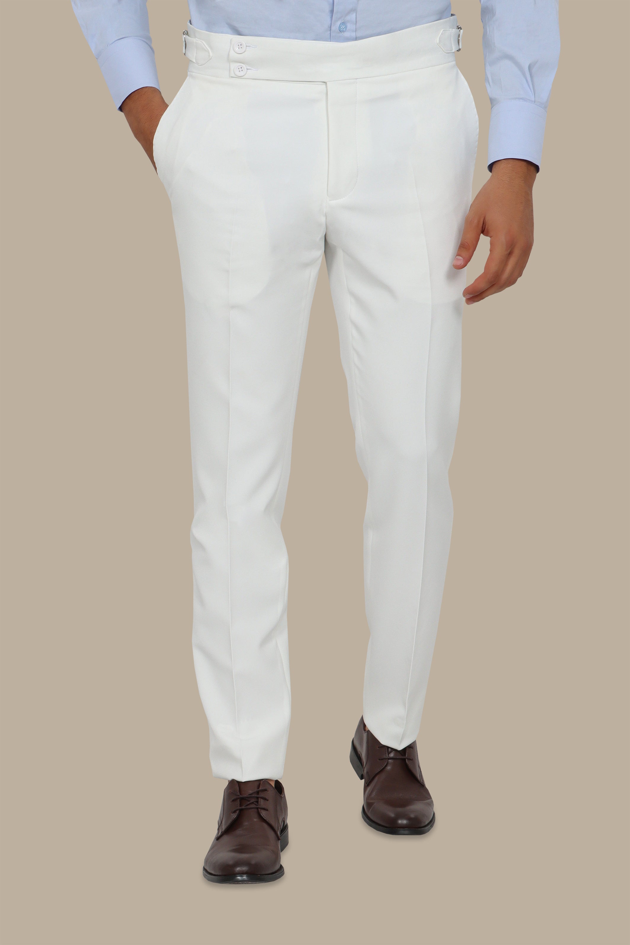 White Classic Pants with Side Buckle