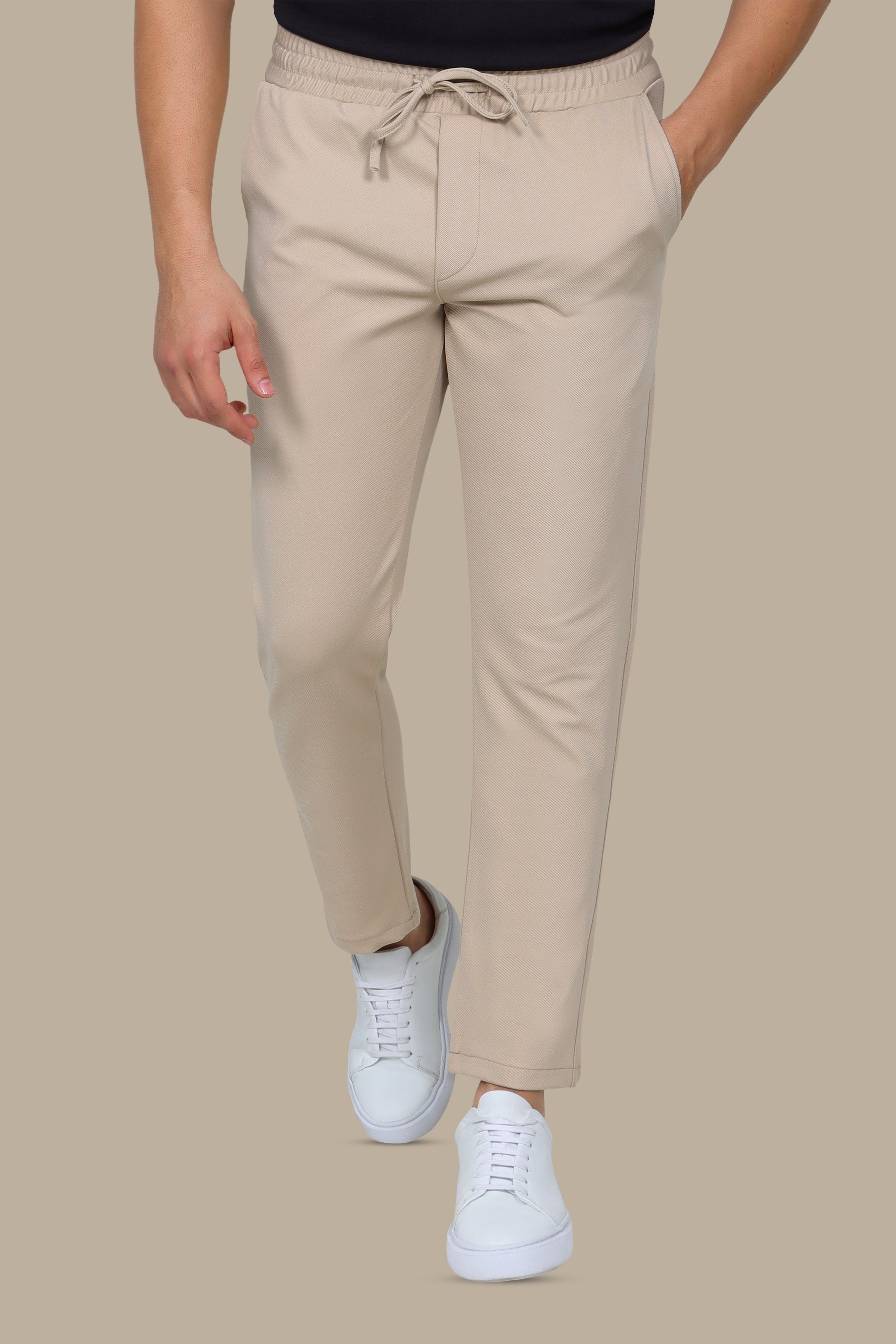 Beige Regular-Cut Fashion Trousers with Lycra