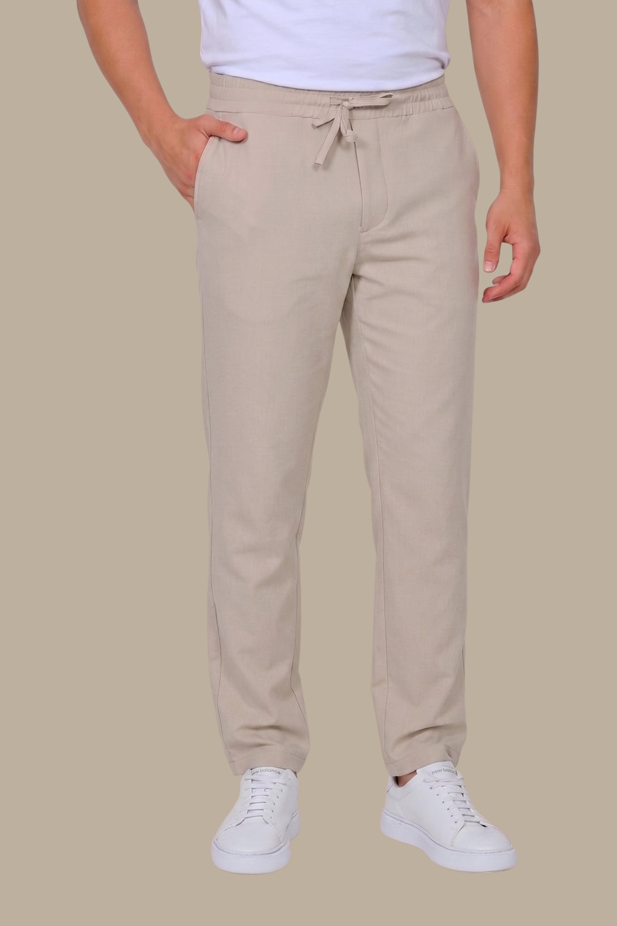 Beige Regular-Cut Fashion Trousers with Lycra