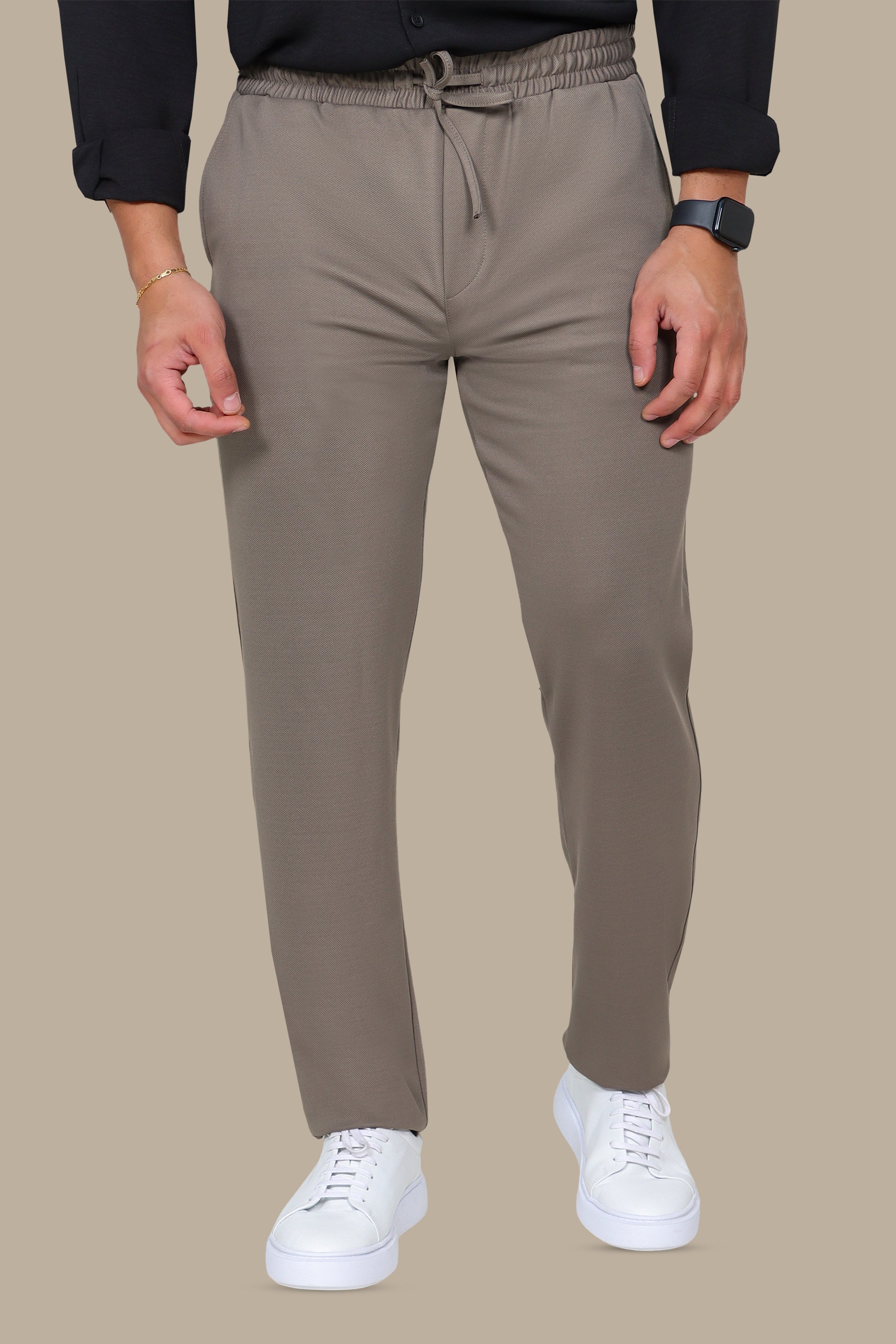Khaki Regular-Cut Lycra Fashion Trousers