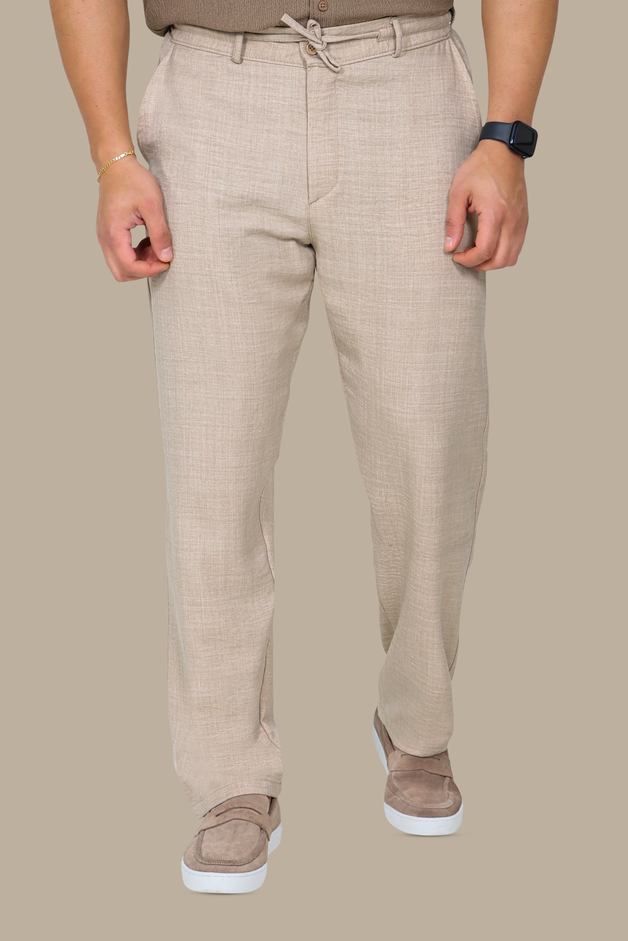 Beige Linen Regular Cut Pants