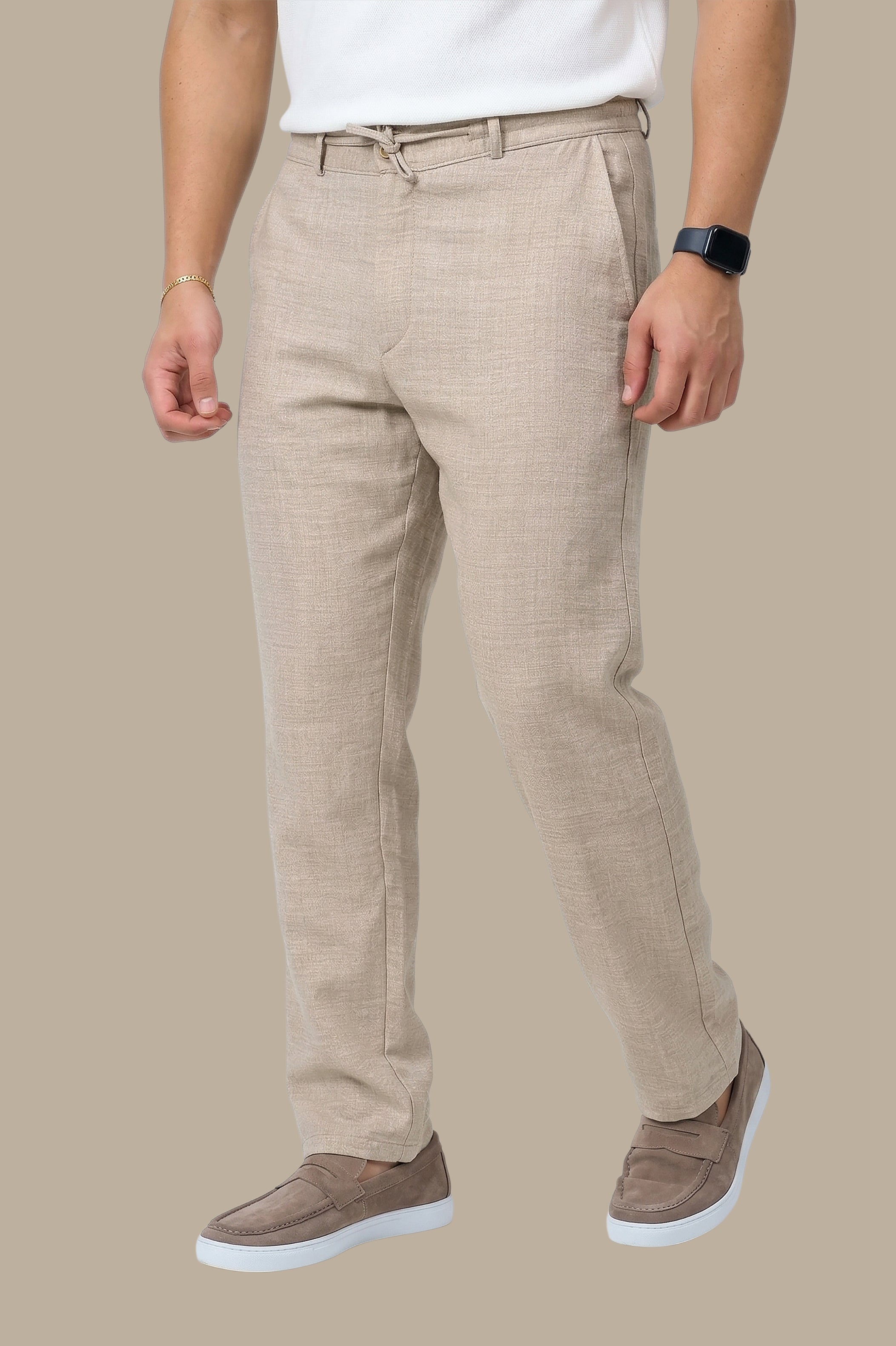 Beige Linen Regular Cut Pants