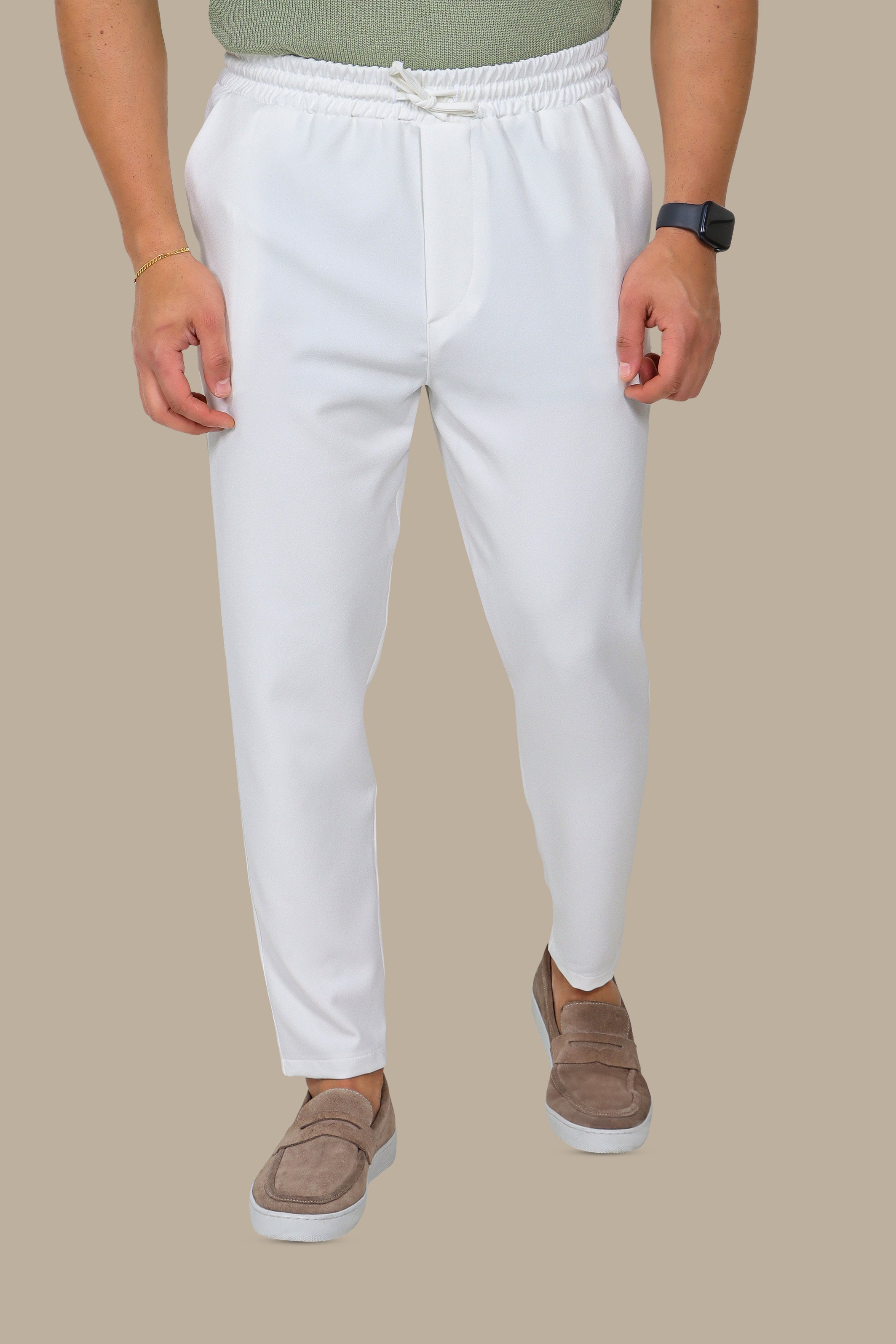 Chic Comfort: Elastic Waist Boyfriend Trousers in White