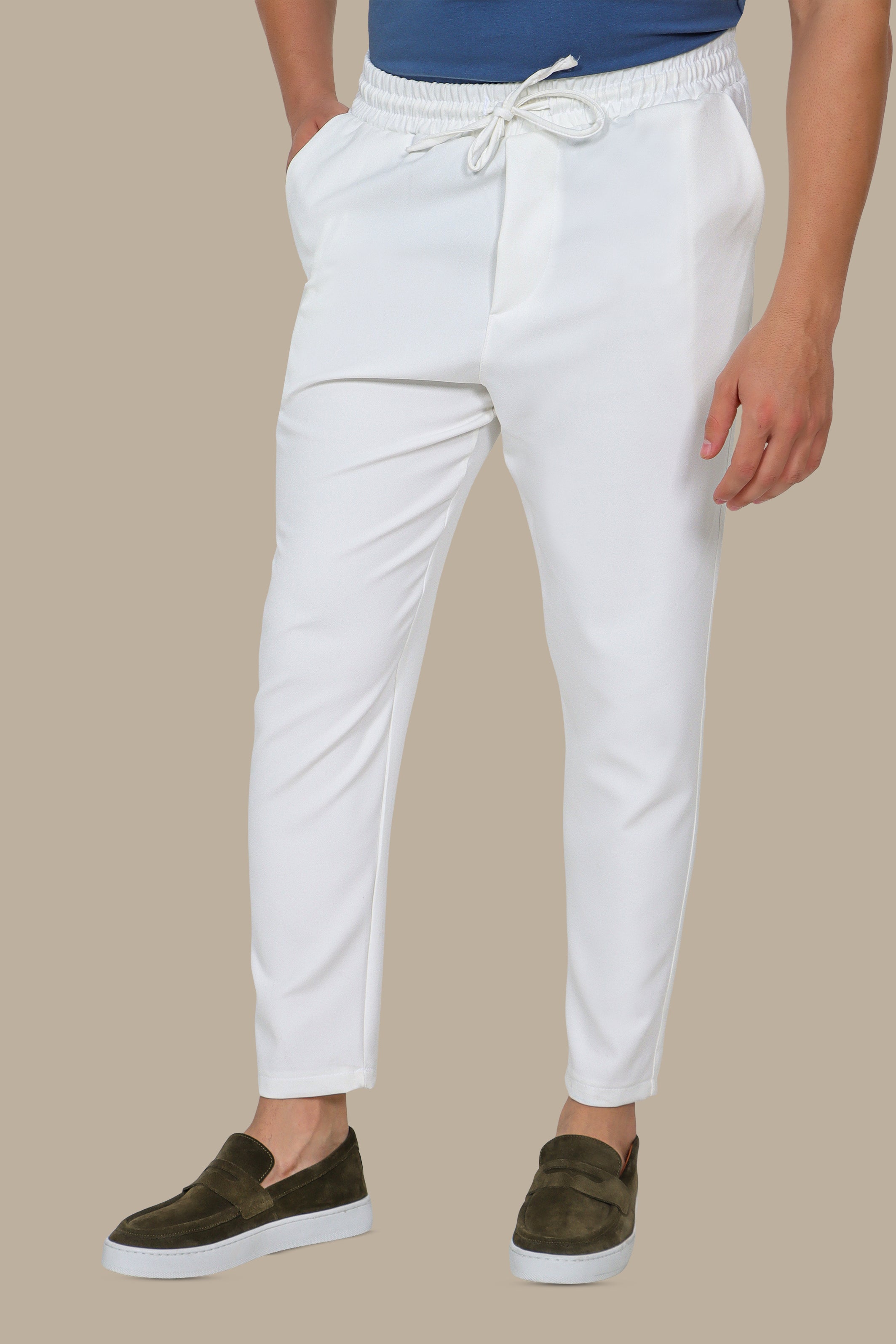 Chic Comfort: Elastic Waist Boyfriend Trousers in White