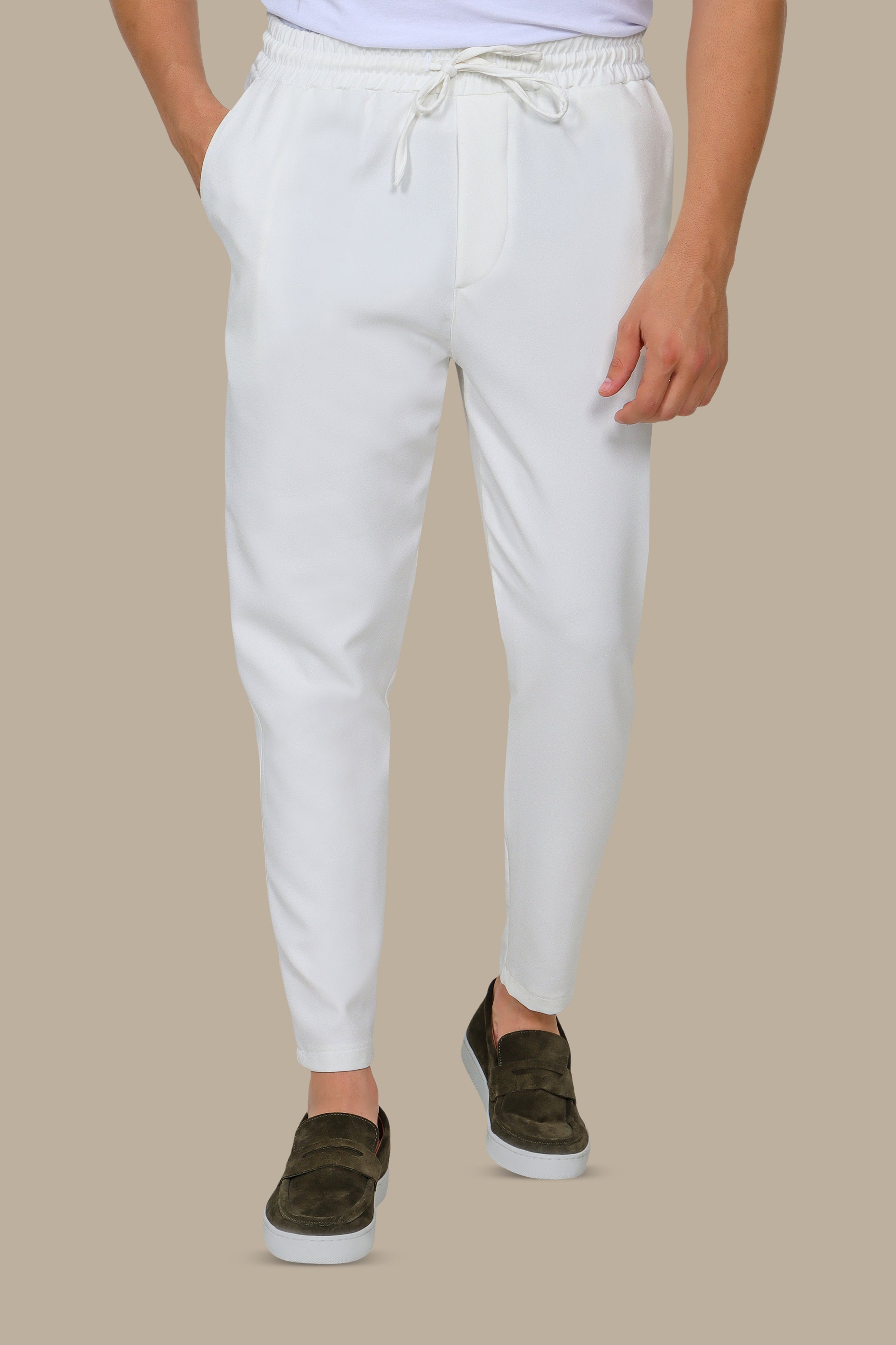 Chic Comfort: Elastic Waist Boyfriend Trousers in White