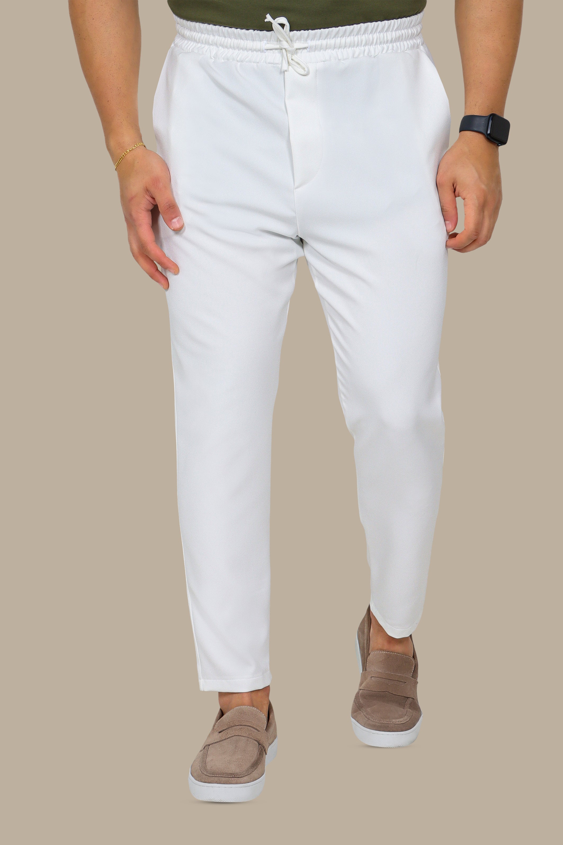 Chic Comfort: Elastic Waist Boyfriend Trousers in White