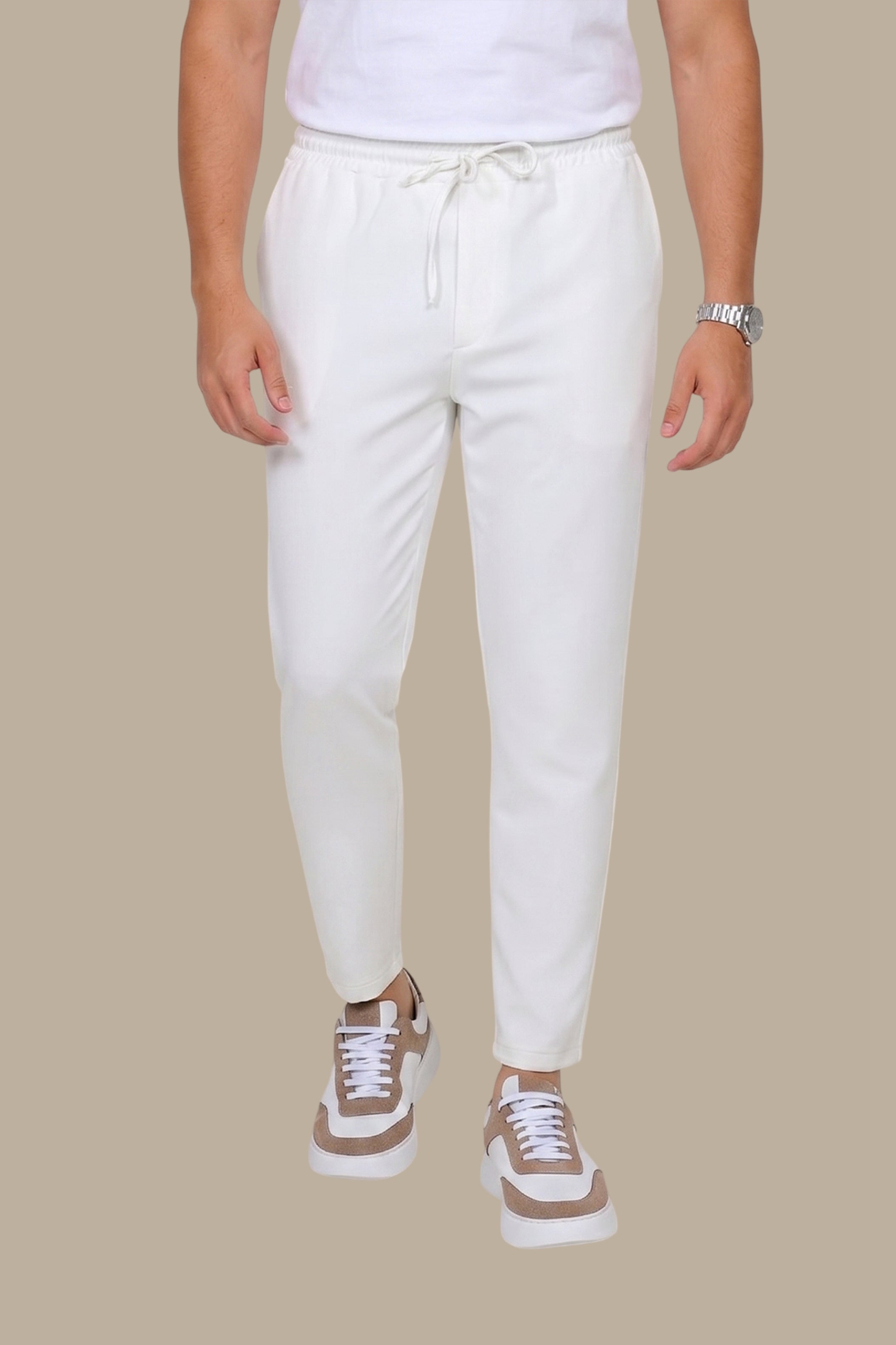 Chic Comfort: Elastic Waist Boyfriend Trousers in White