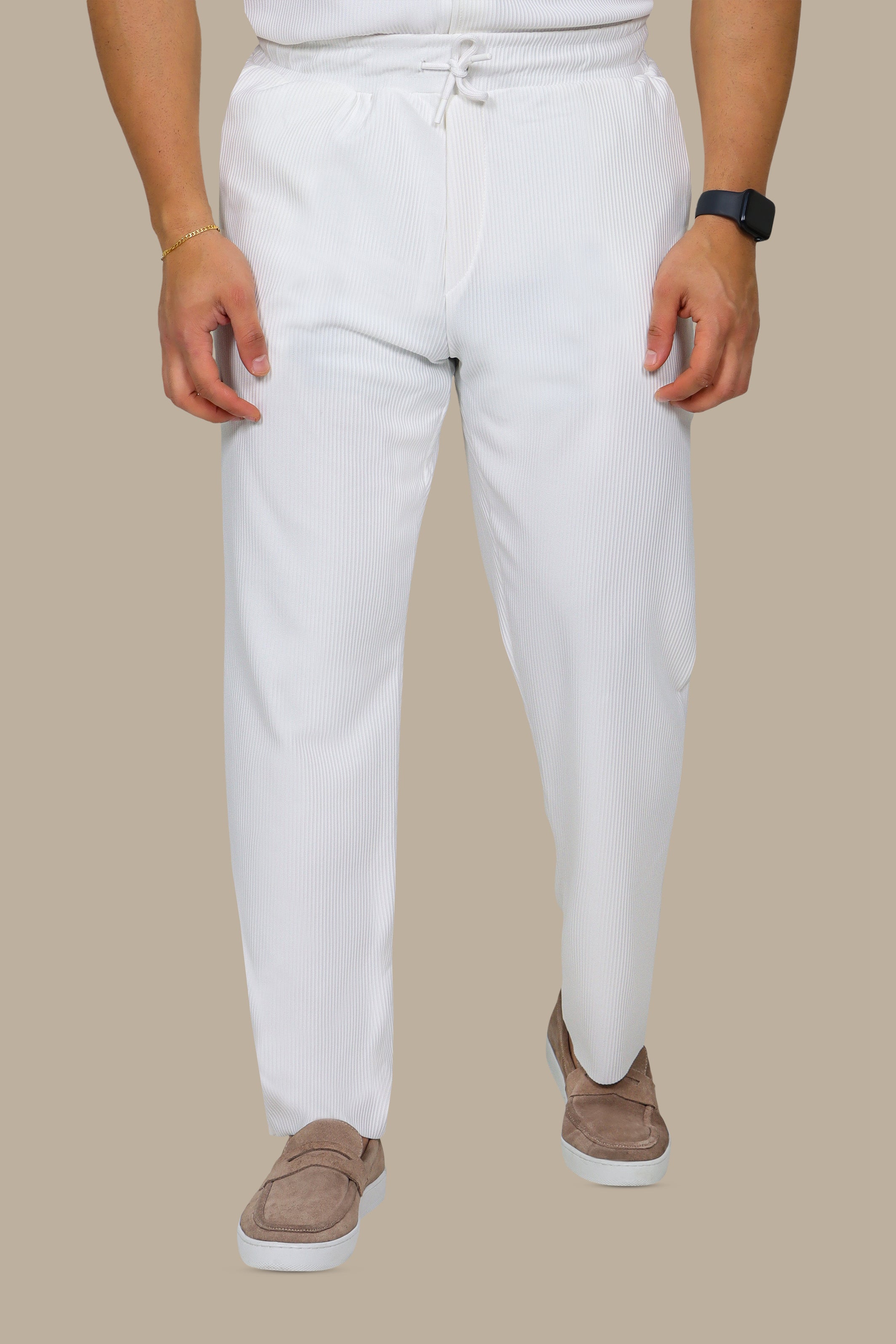 White Ribbed Regular Fit Trousers