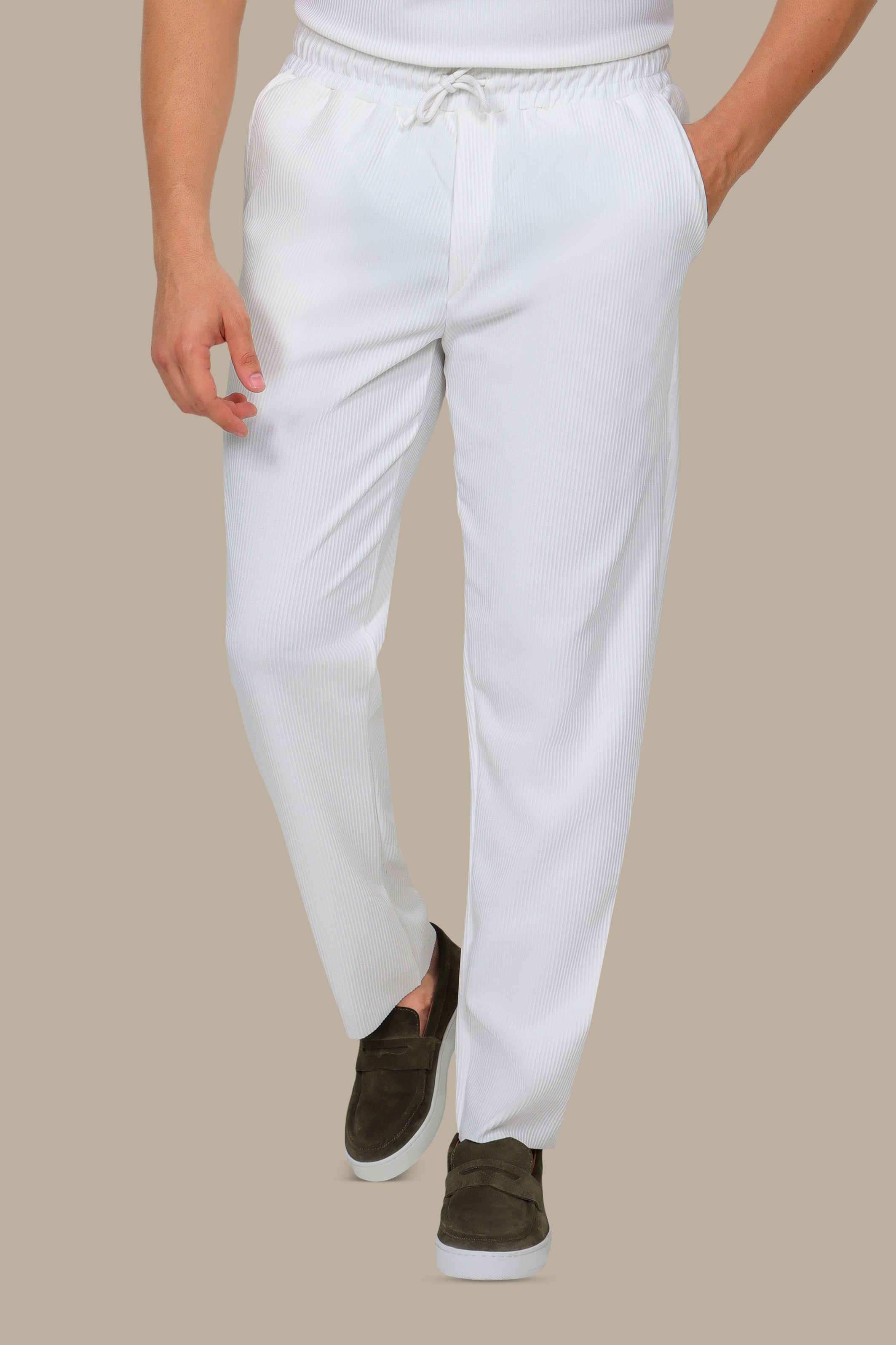 White Ribbed Regular Fit Trousers
