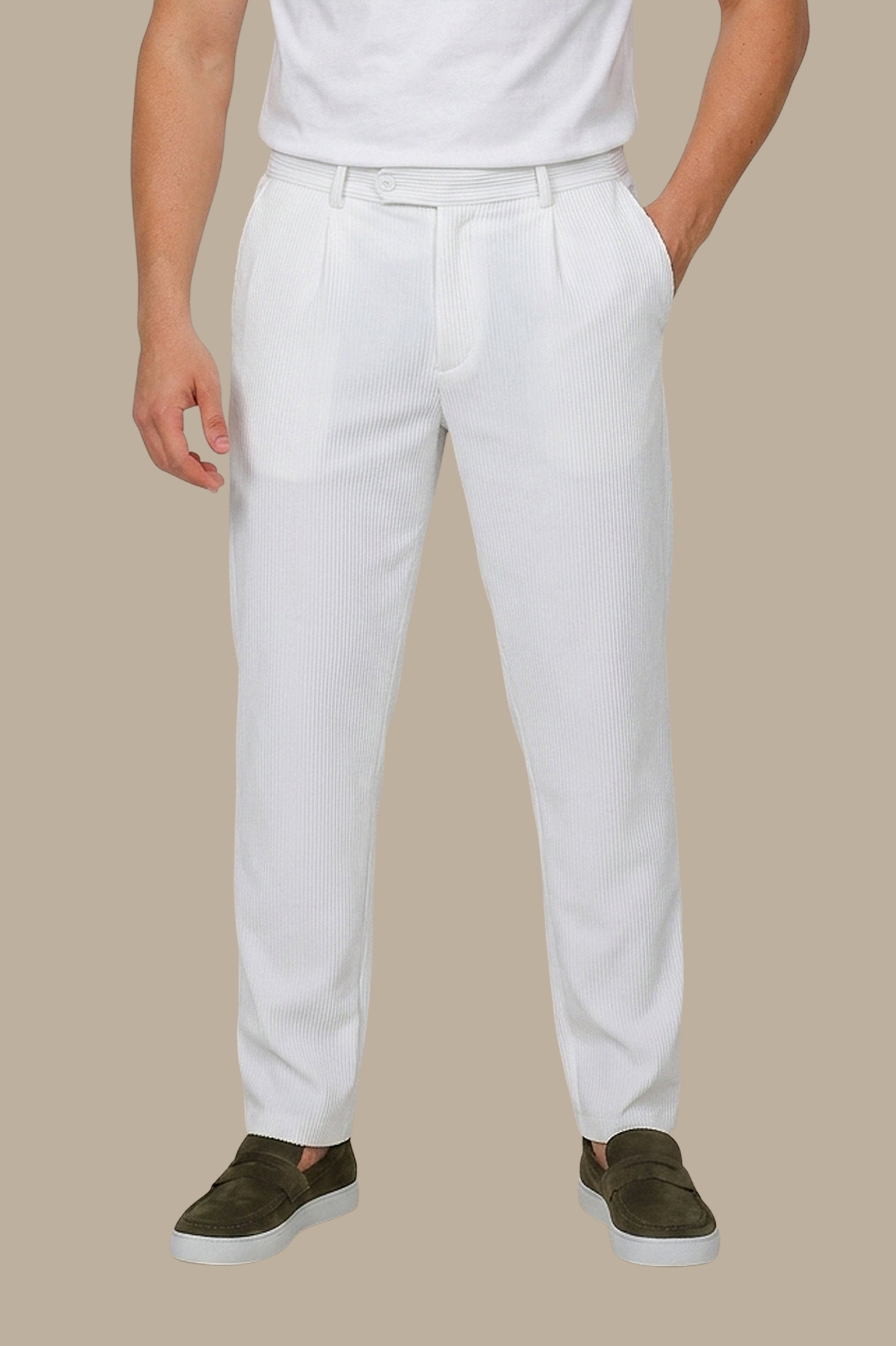 White Ribbed Regular Fit Trousers