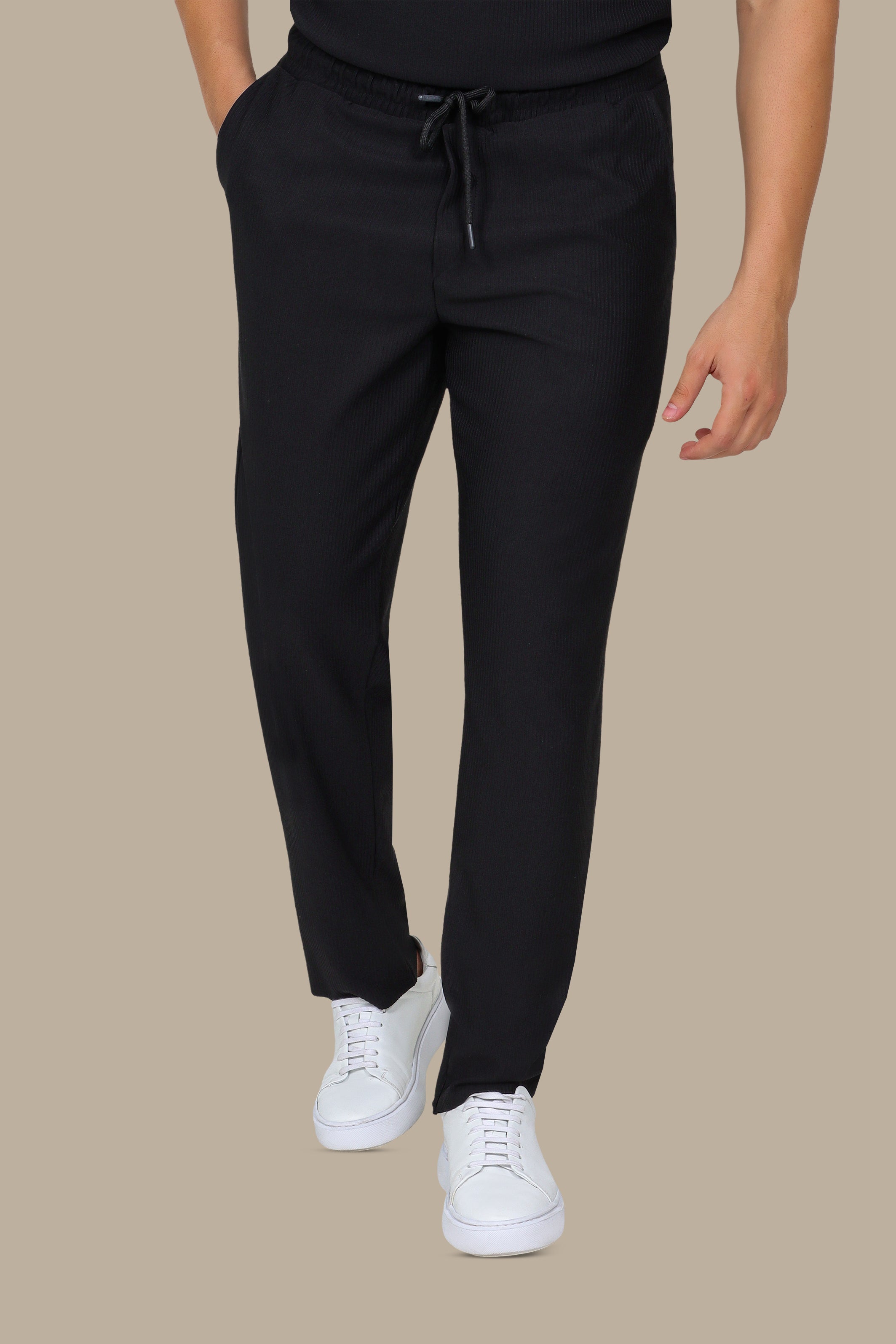 Black Ribbed Regular-Fit Trousers