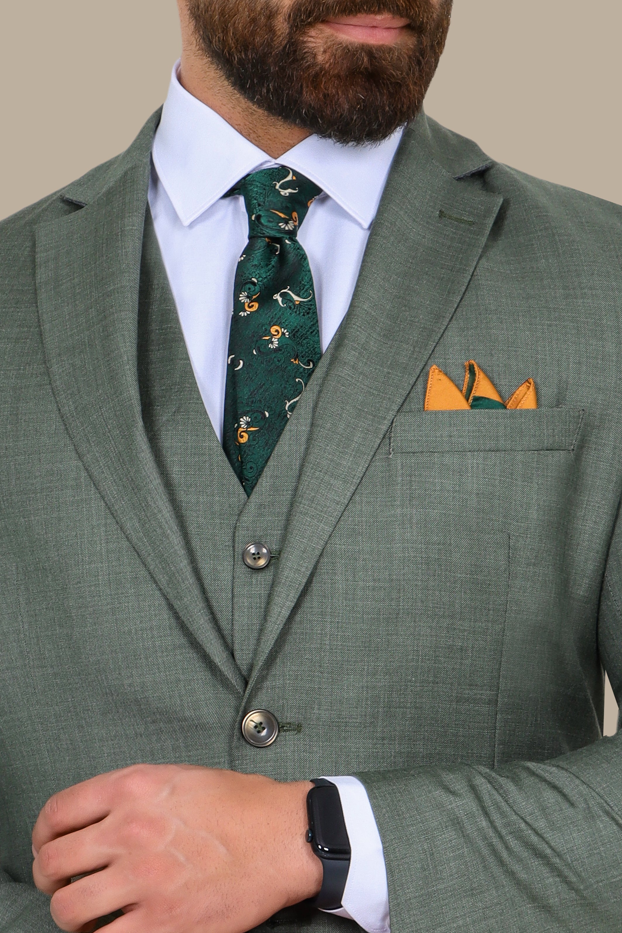 Olive Fil-à-Fil 3-Piece Suit with Notch Lapel