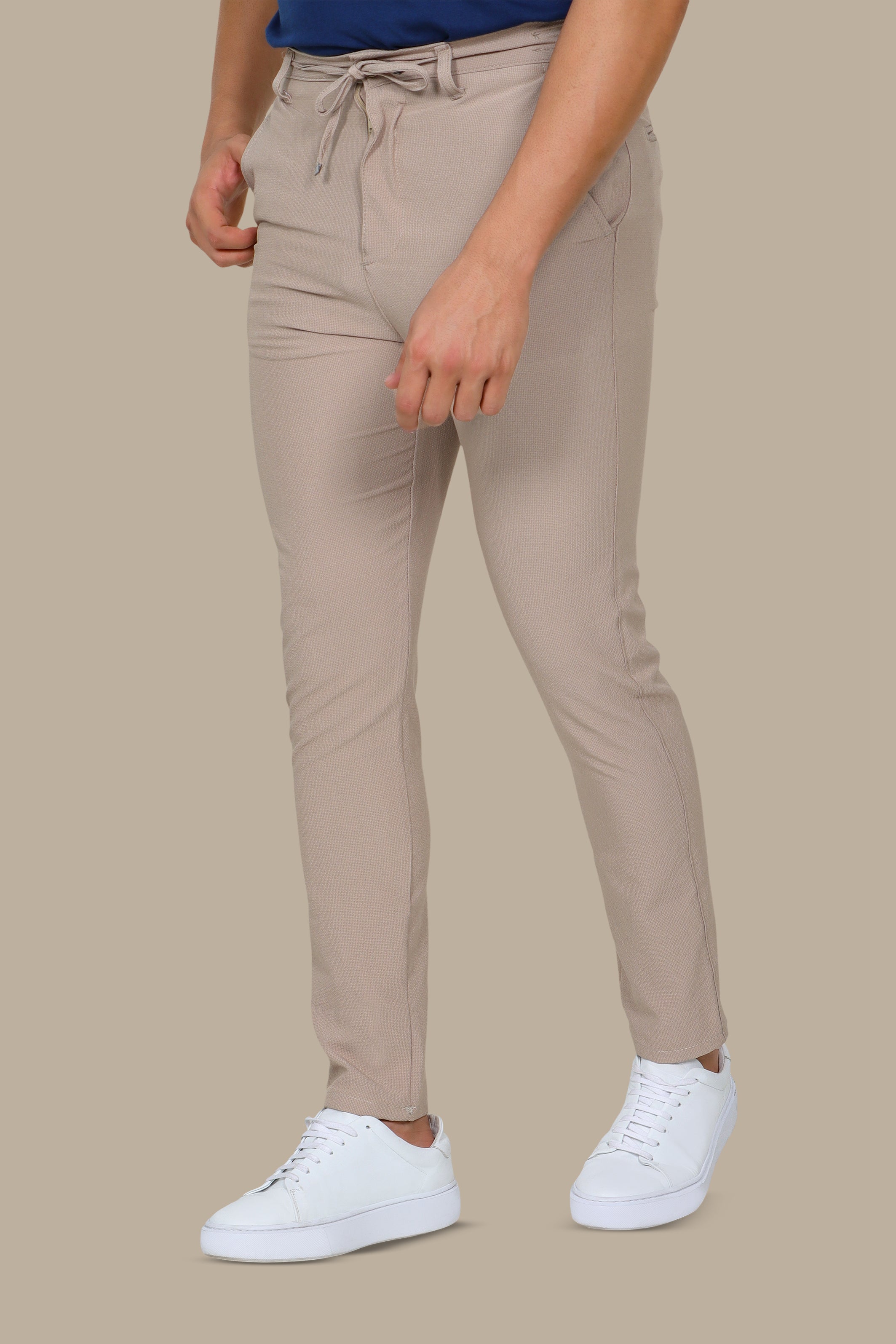 Effortless Style: Elastic Waist Slim Fit Trousers in Beige