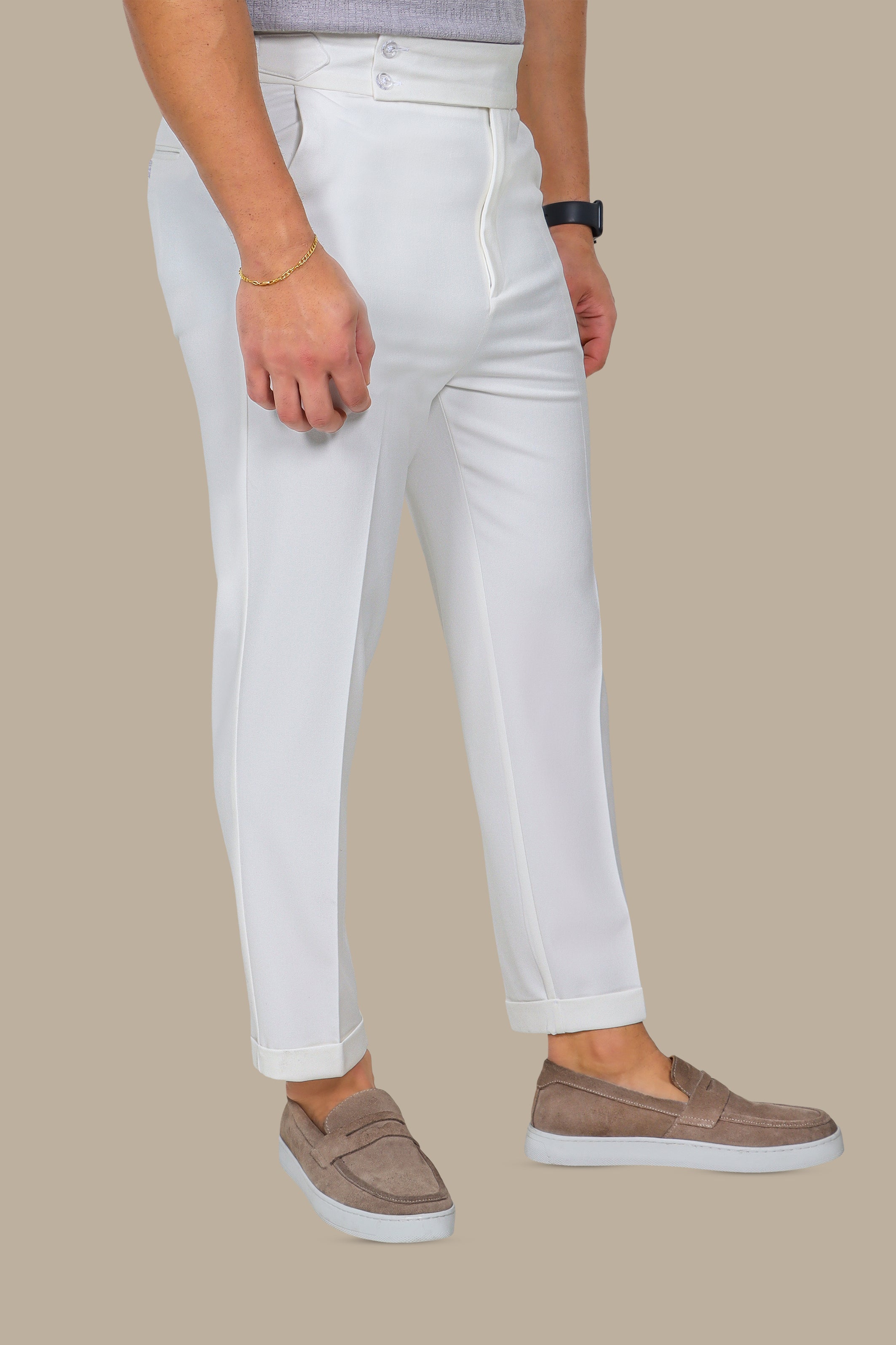 White Slim Fit Pants with Wide Waist Double Button