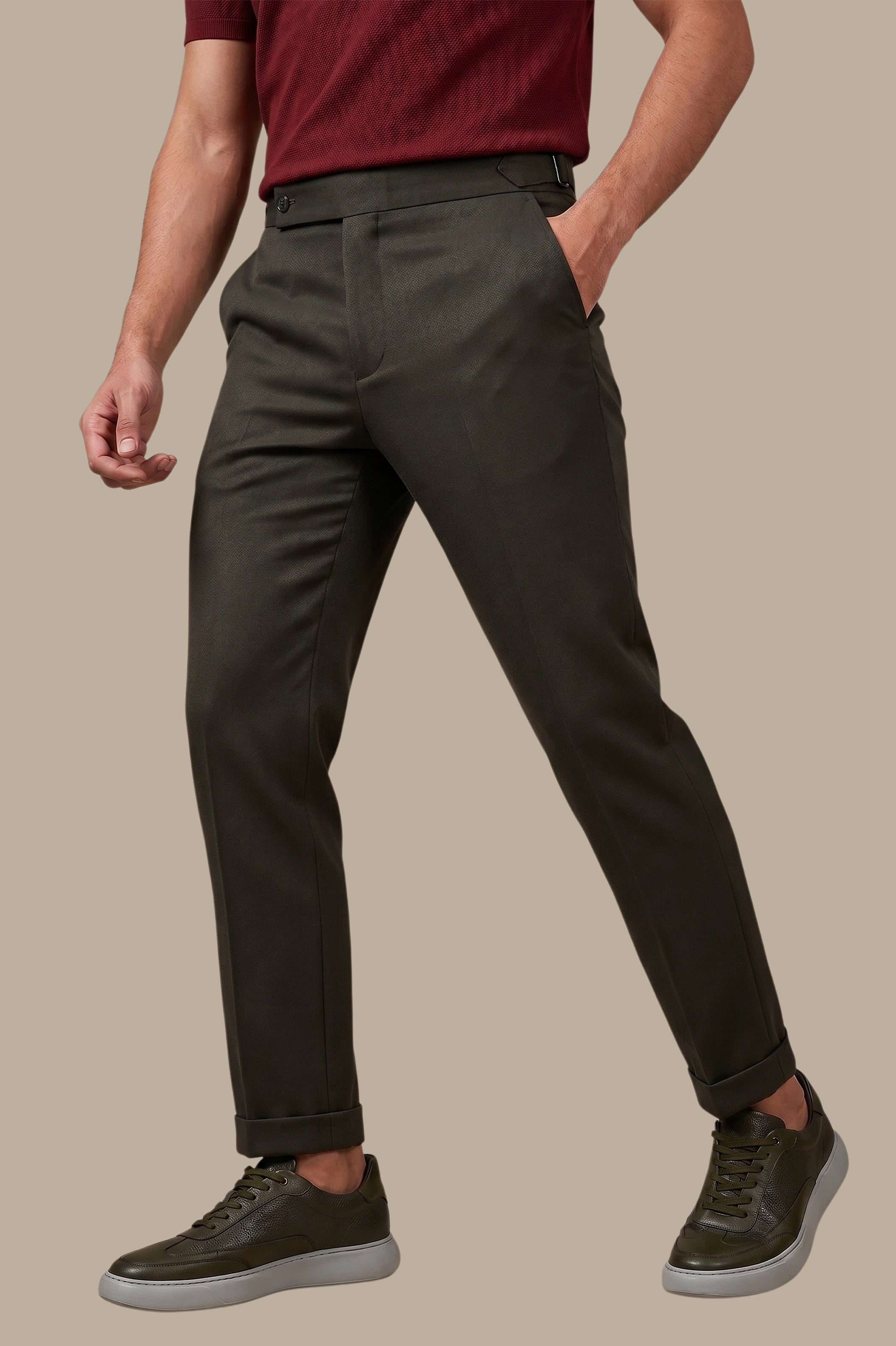 Green Slim-Fit Pants – Wide Waist with Double Button
