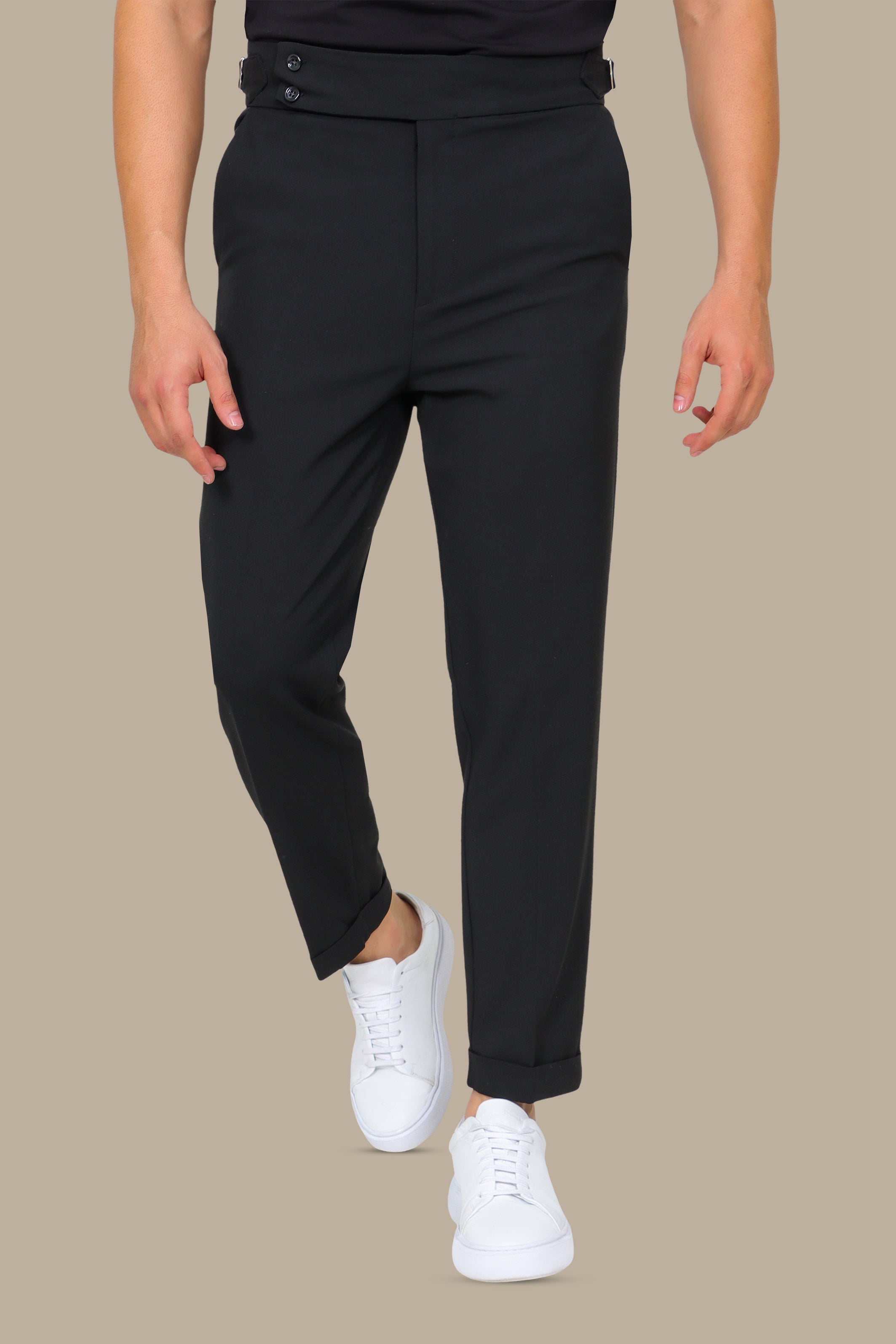 Slim Fit Black Pants with Wide Waist and Double Button